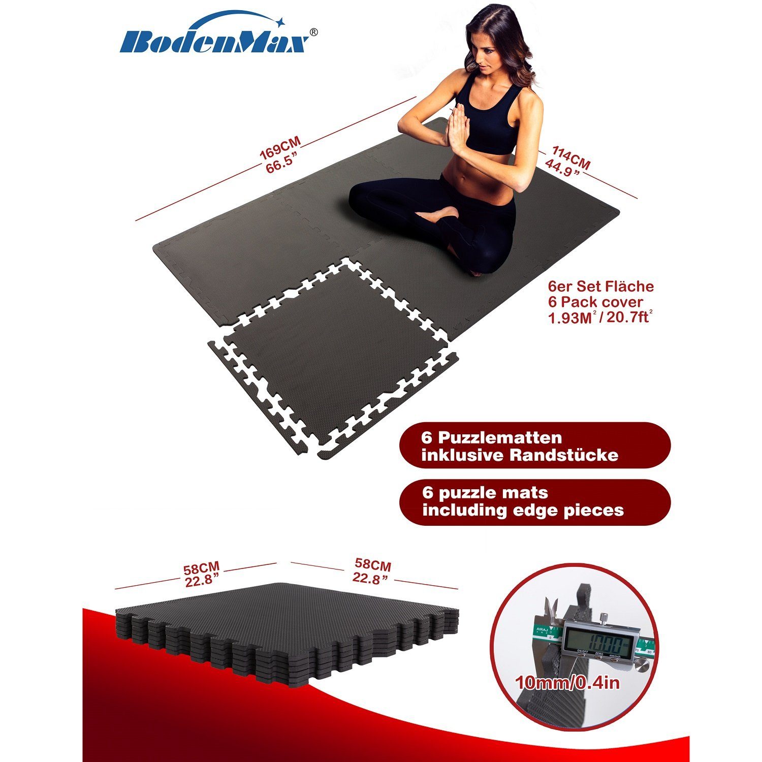 BodenMax Bodenturnmatte BodenMax Schutzmatten Set (Schwarz) (6 Stück, 6-St), inklusive 12 Randstücke