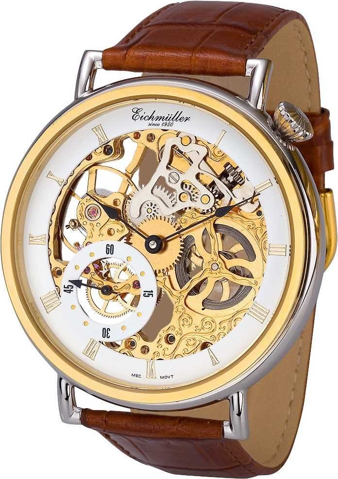Eichmüller Mechanische Uhr 8218-03 Lederband 50 mm Skelettuhr bicolor-braun Handaufzug