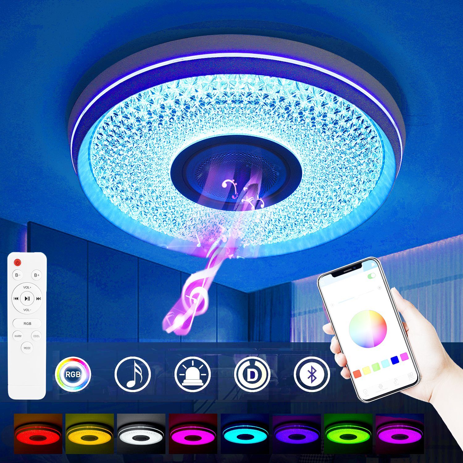 oyajia LED Deckenleuchte 60W RGB Deckenlampe Bluetooth Lautsprecher, Dimmbar mit Fernbedienung, LED fest integriert, Kaltweiß/Naturweiß/Warmweiß/RGB Farbwechsel, LED Kristall Sternenhimmel Lampe Ø40cm, für Schlafzimmer Wohnzimmer Bad