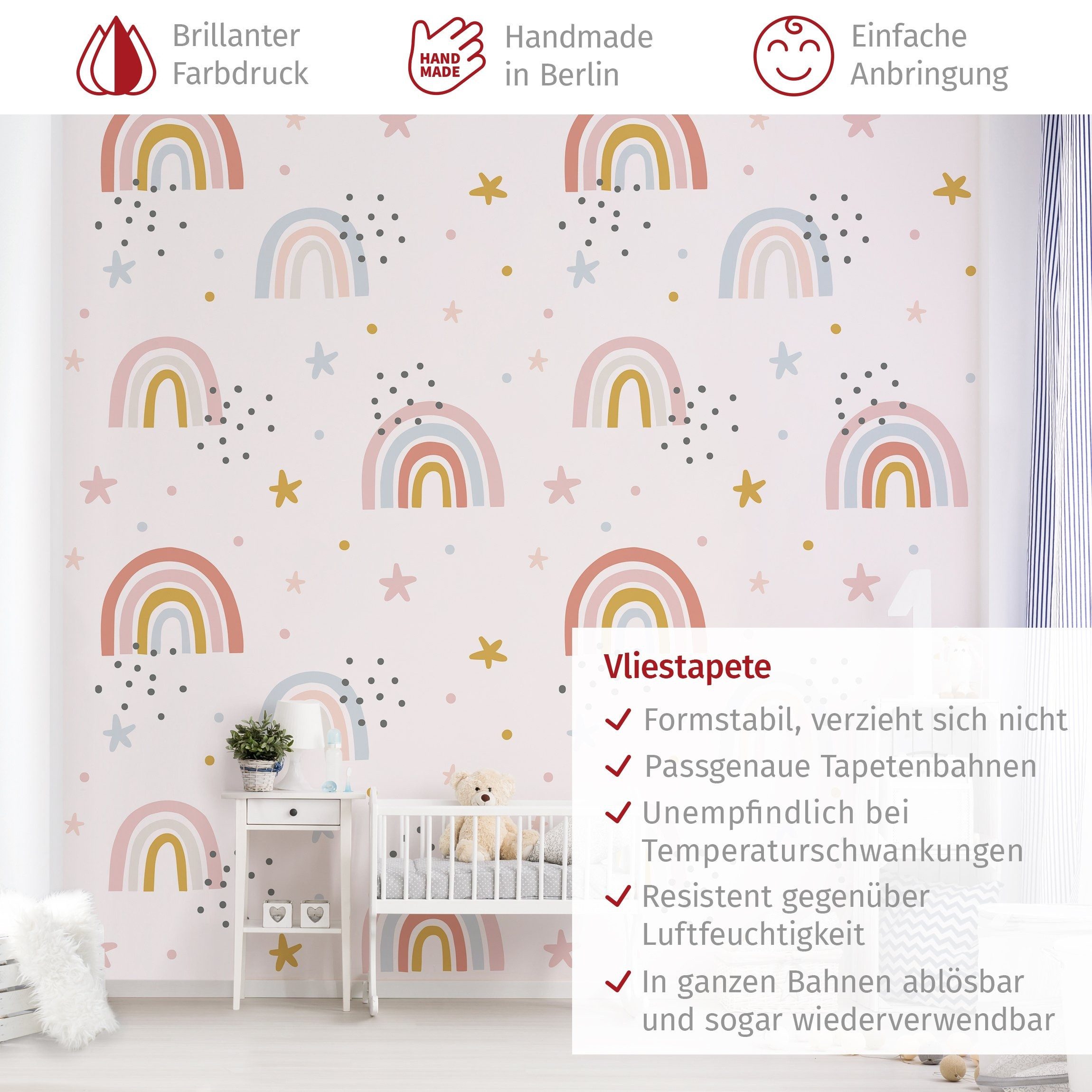 Bilderdepot24 Kindertapete Kinderzimmer Regenbogenwelt Sterne Pünktchen Kinder Wanddeko Muster, Glatt, Matt, (Vliestapete inkl. Kleister oder selbstklebend), Mädchenzimmer Jungenzimmer Babyzimmer Bildtapete Fototapete Wandtapete