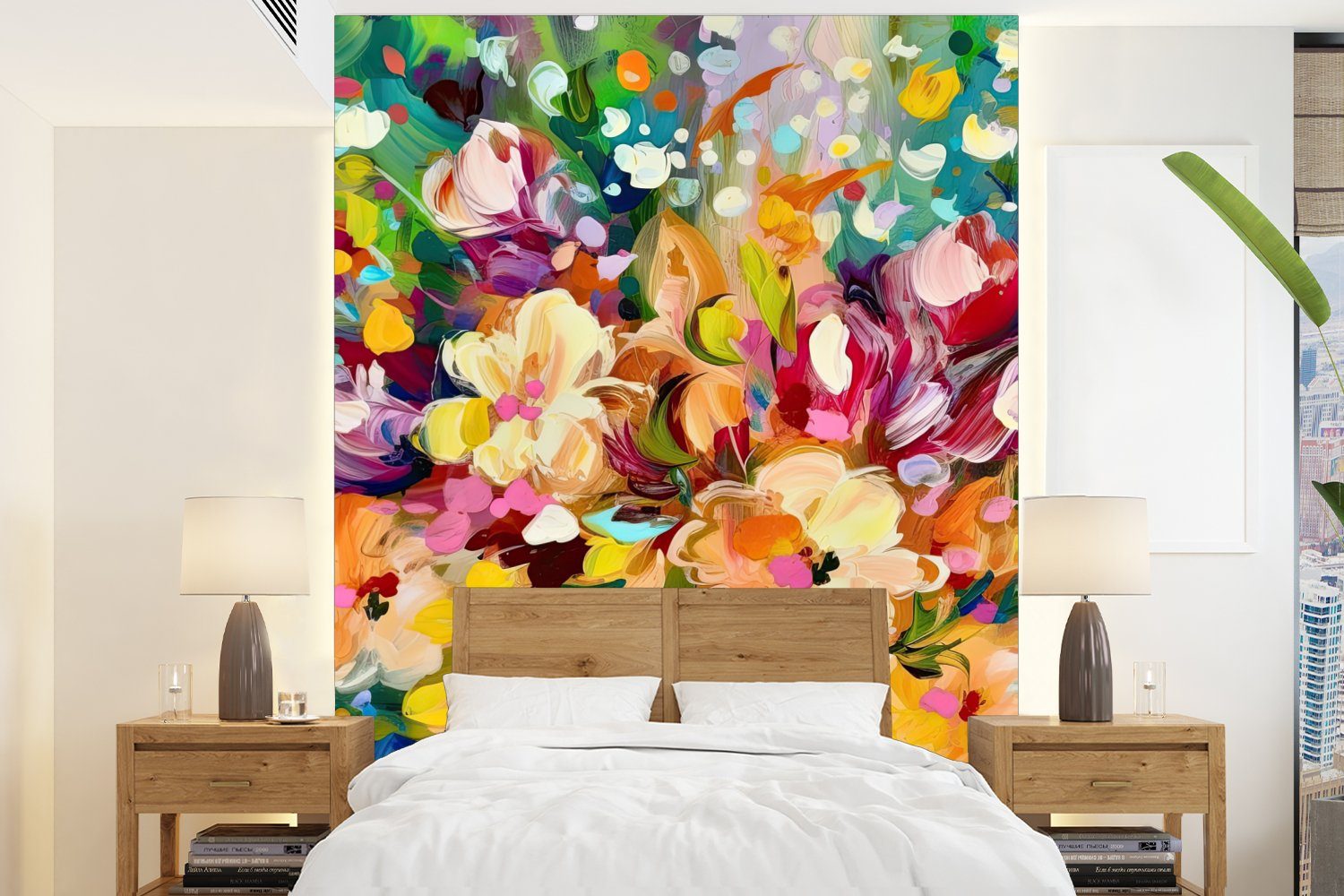 MuchoWow Fototapete Gemälde - Ölfarbe - Blumen - Regenbogen, Matt, bedruckt, (4 St), Montagefertig Vinyl Tapete für Wohnzimmer, Wandtapete