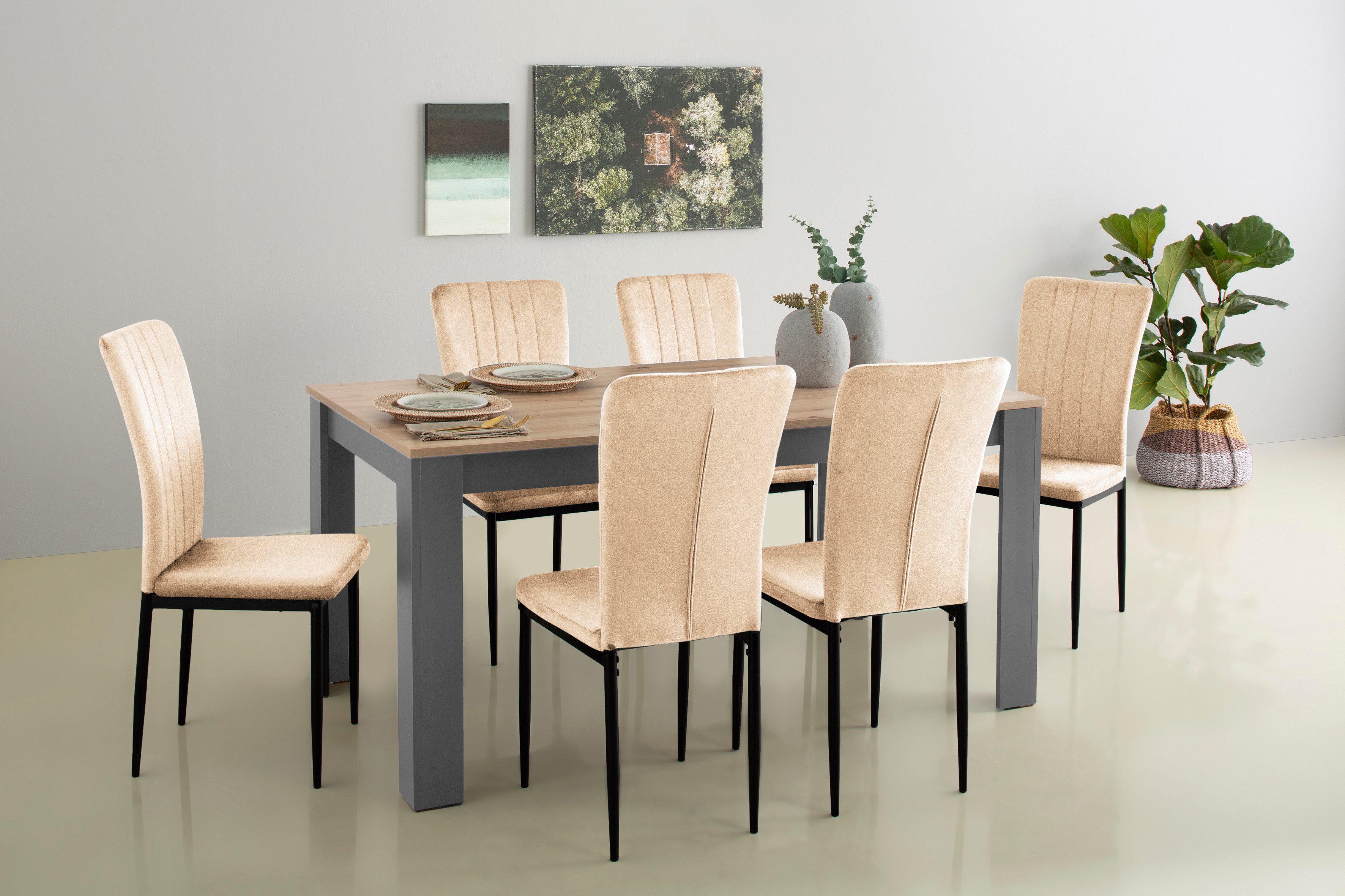 Home affaire Essgruppe Bergamo, Esszimmerstuhl creme creme modernem Esstisch 7-tlg), Tischgruppe (Set, | 7-teilige mit und