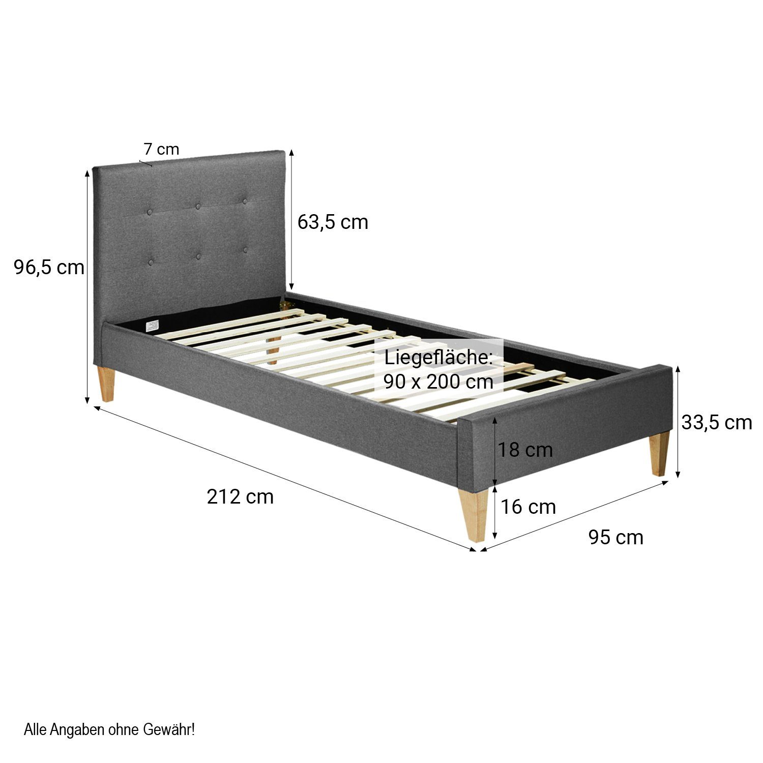 Homestyle4u Polsterbett 90x200 mit Matratze Jugendbett Stoffbett Bettgestell Grau Einzelbett (Spar-Set, Matratze mit OEKO-TEX® Standard 100), mit Kopfteil