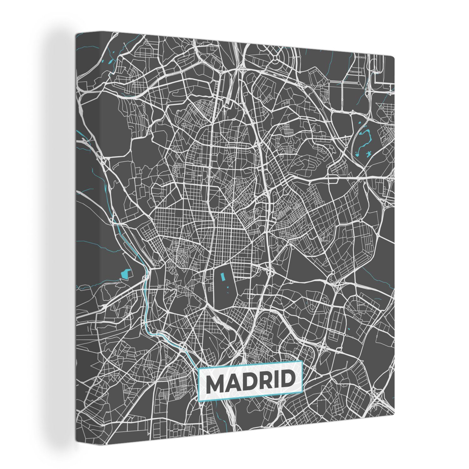 OneMillionCanvasses® Leinwandbild Madrid - Blau - Karte - Stadtplan, (1 St), Leinwand Bilder für Wohnzimmer Schlafzimmer