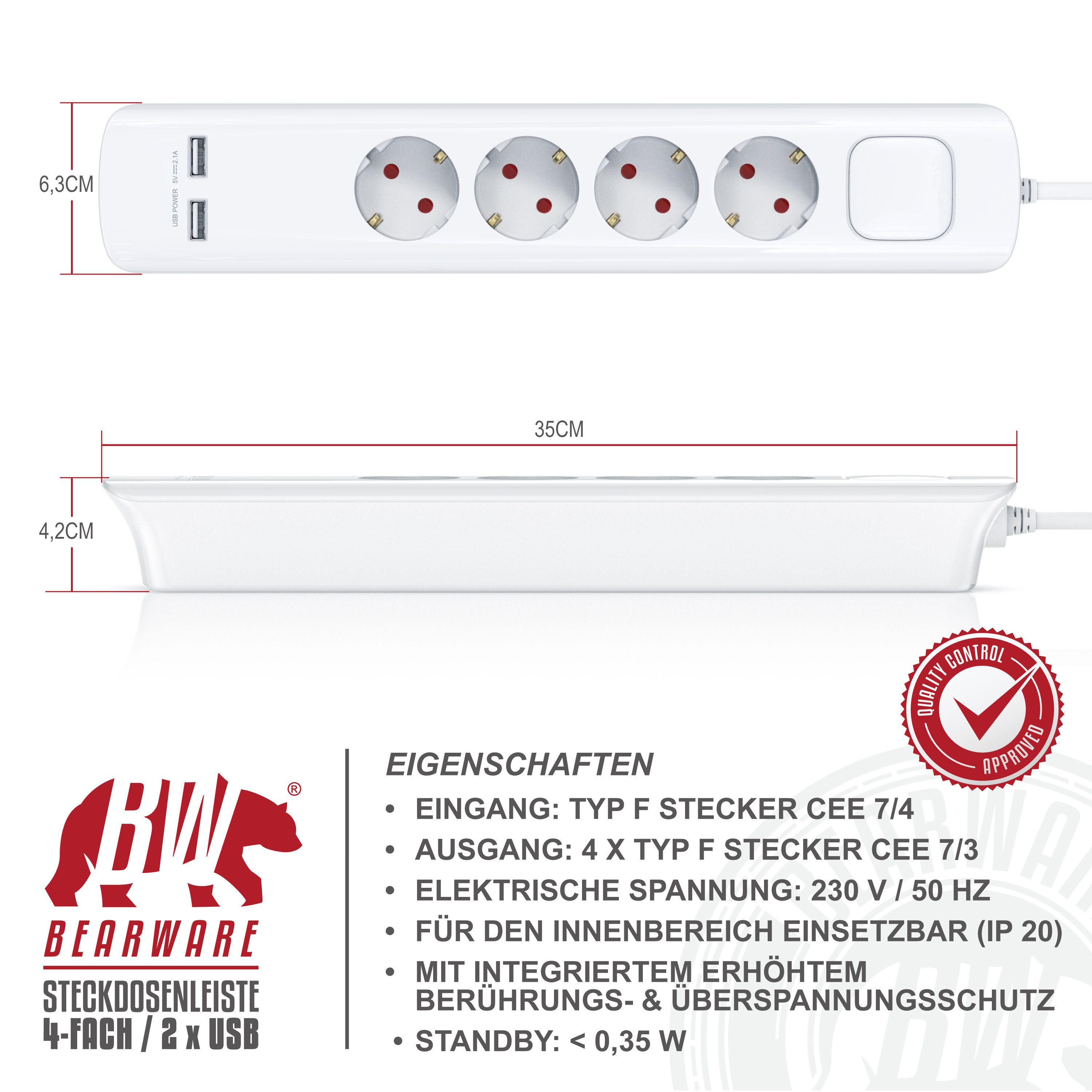 BEARWARE Ladegerät bis zu 3680 W / IP20 Steckdosenleiste 4-fach (Ein- / Ausschalter, USB-Anschluss, Überspannungsschutz, Schutzkontaktstecker, Kindersicherung,  – Bild 5 von 5