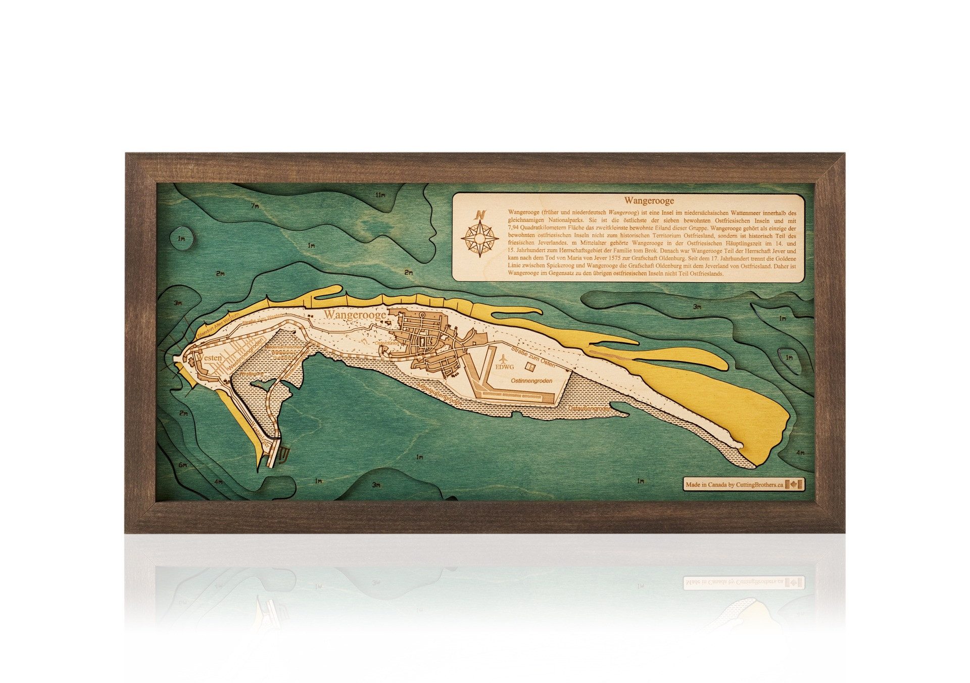 Cutting Brothers Holzbild Wangerooge 40.5x20 cm, 3D Holz-Wandkarte, handgefertigt aus Echtholz