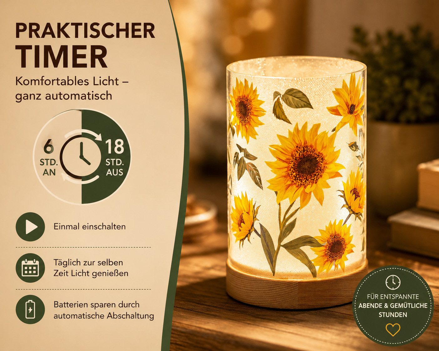 formano LED Dekolicht LED Deko Licht Sonnenblumen Stimmungslicht Glaszylinder 15cm, LED fest integriert