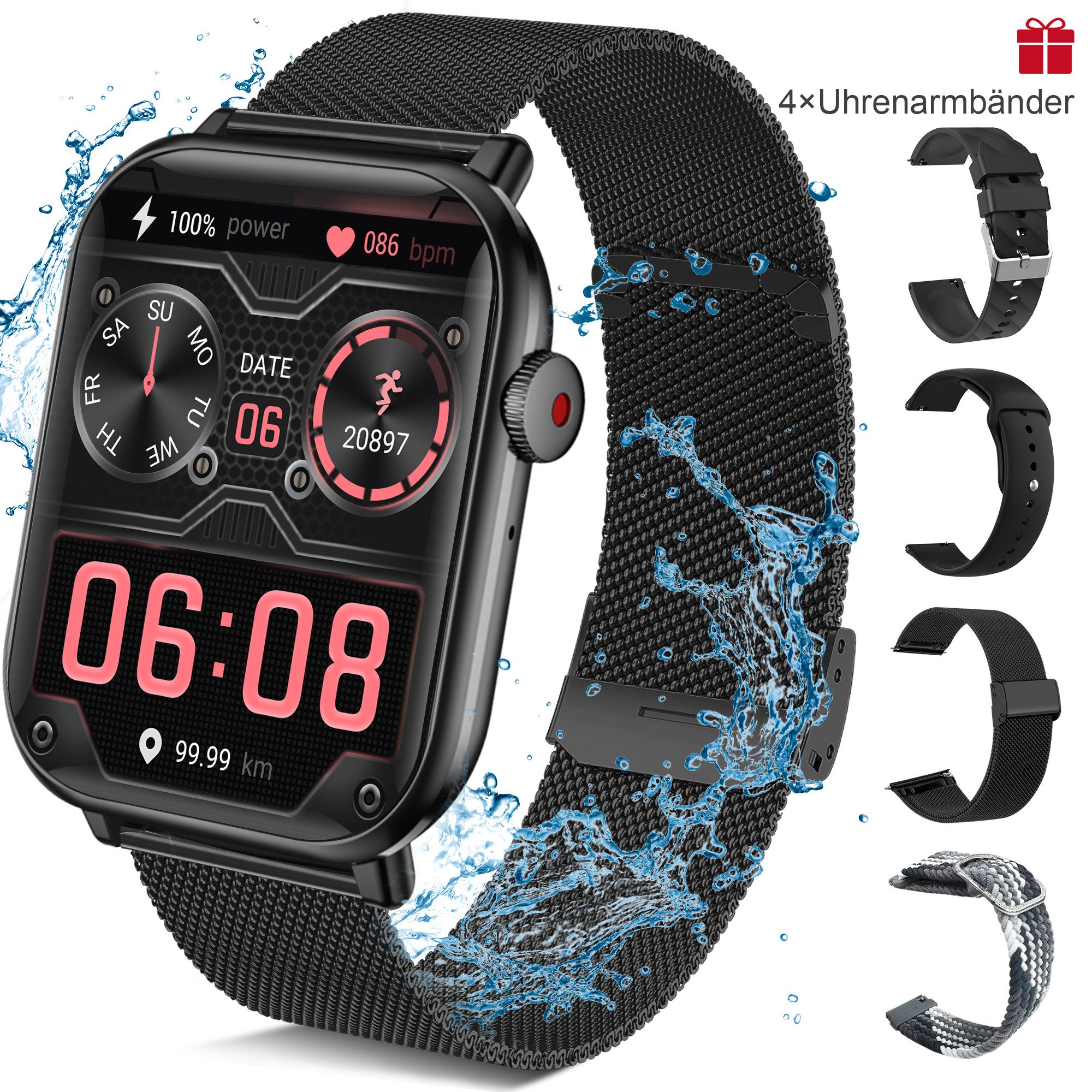 BRAIDOL Smartwatch,Fitness Tracker Uhr für Damen Herren mit Telefonfunktion Watch (5 cm/1,96" HD Voll Touchscreen Zoll) IP67 Wasserdicht Fitness Uhr, 4 Austauschbare Armbänder, Fitness Tracker mit Schrittzähler, Pulsmesser, Frauengesundheit,Schlaftracking, Kalorienverbrauch