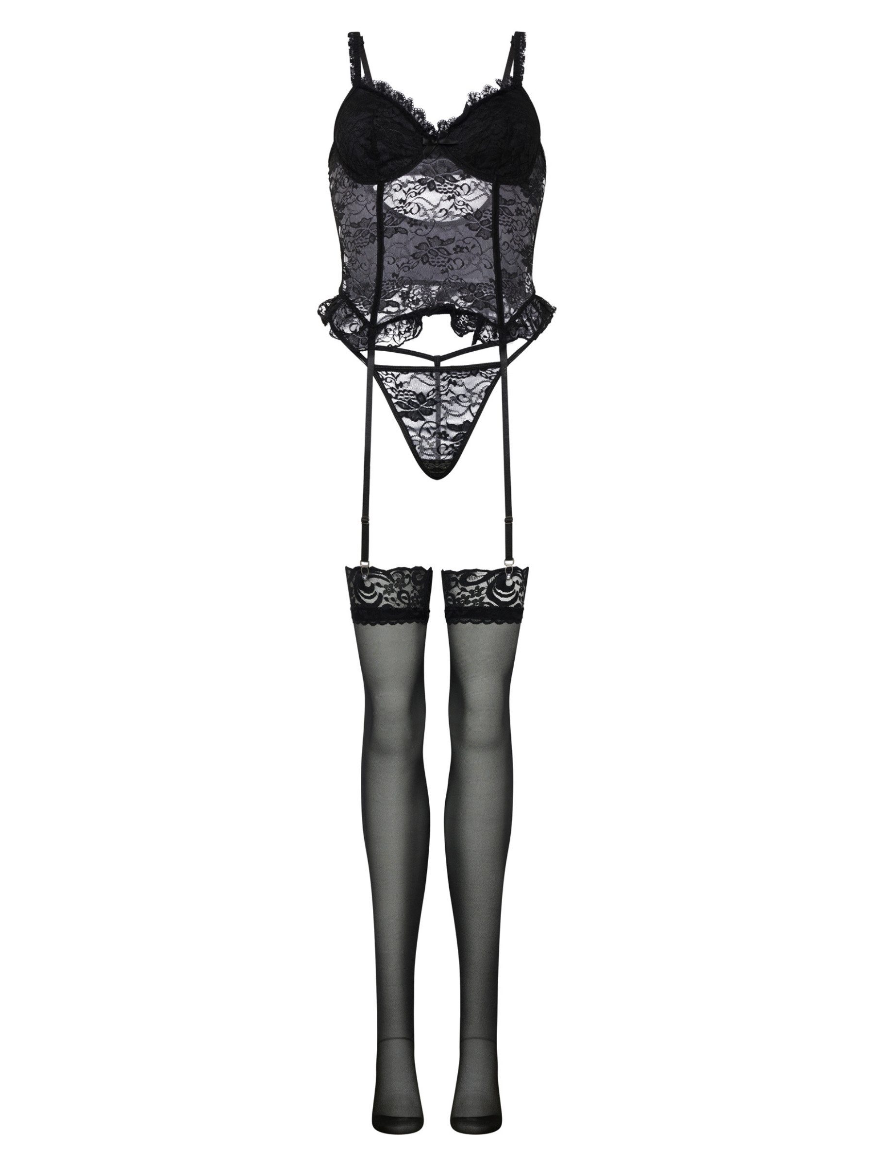 Orchibelle Set: Corsage Dessous-Set aus Spitze – Corsage, String & Strümpfe für Damen (Set, 3-tlg., BH, Tanga, Netzstümpfe) Stilvolle Lingerie für Damen – Reizwäsche