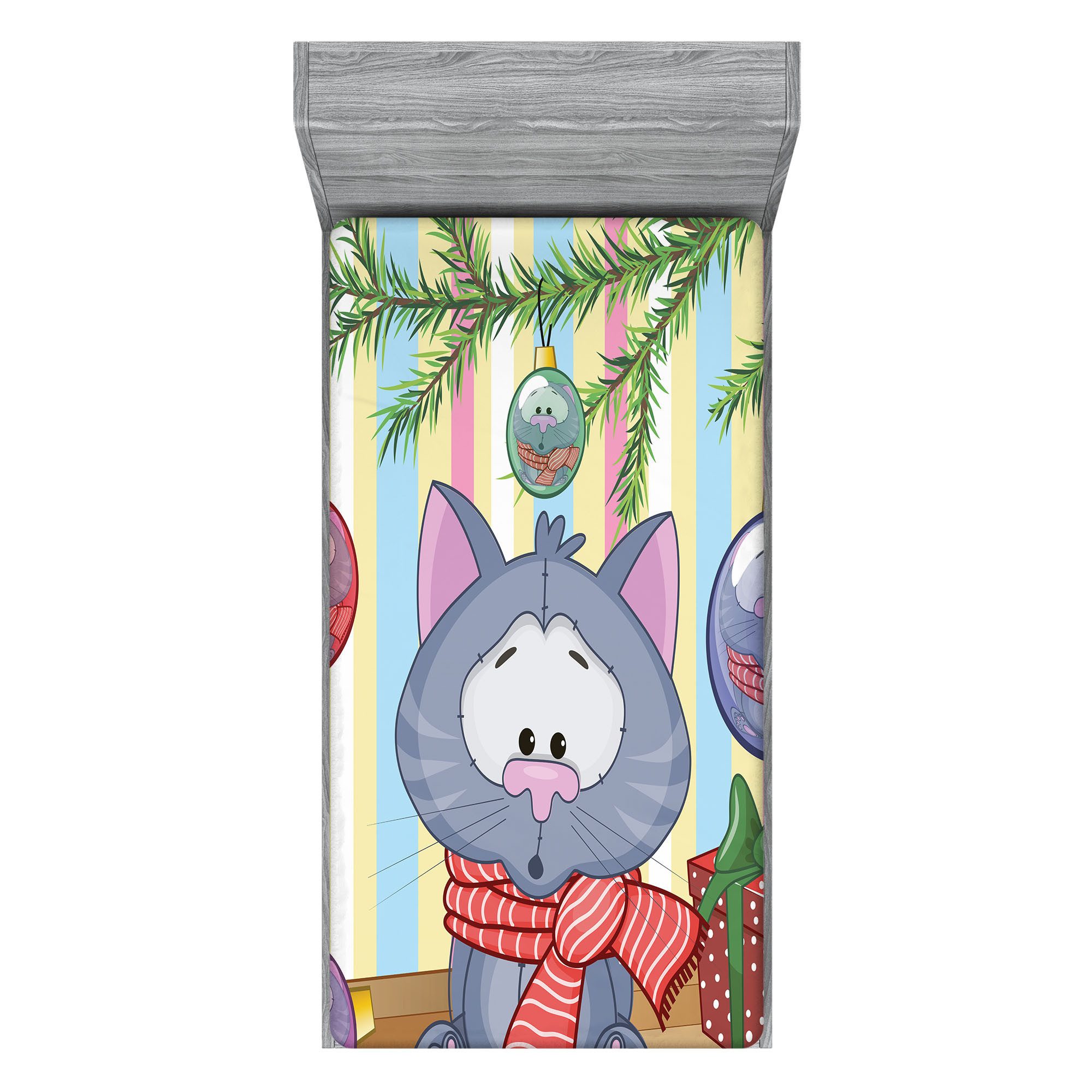 Abakuhaus Spannbettlaken Soft Dekorativer Stoff Bettwäsche Rund-um Elastischer Gummizug, Weihnachten Kitten Geschenk und Baum