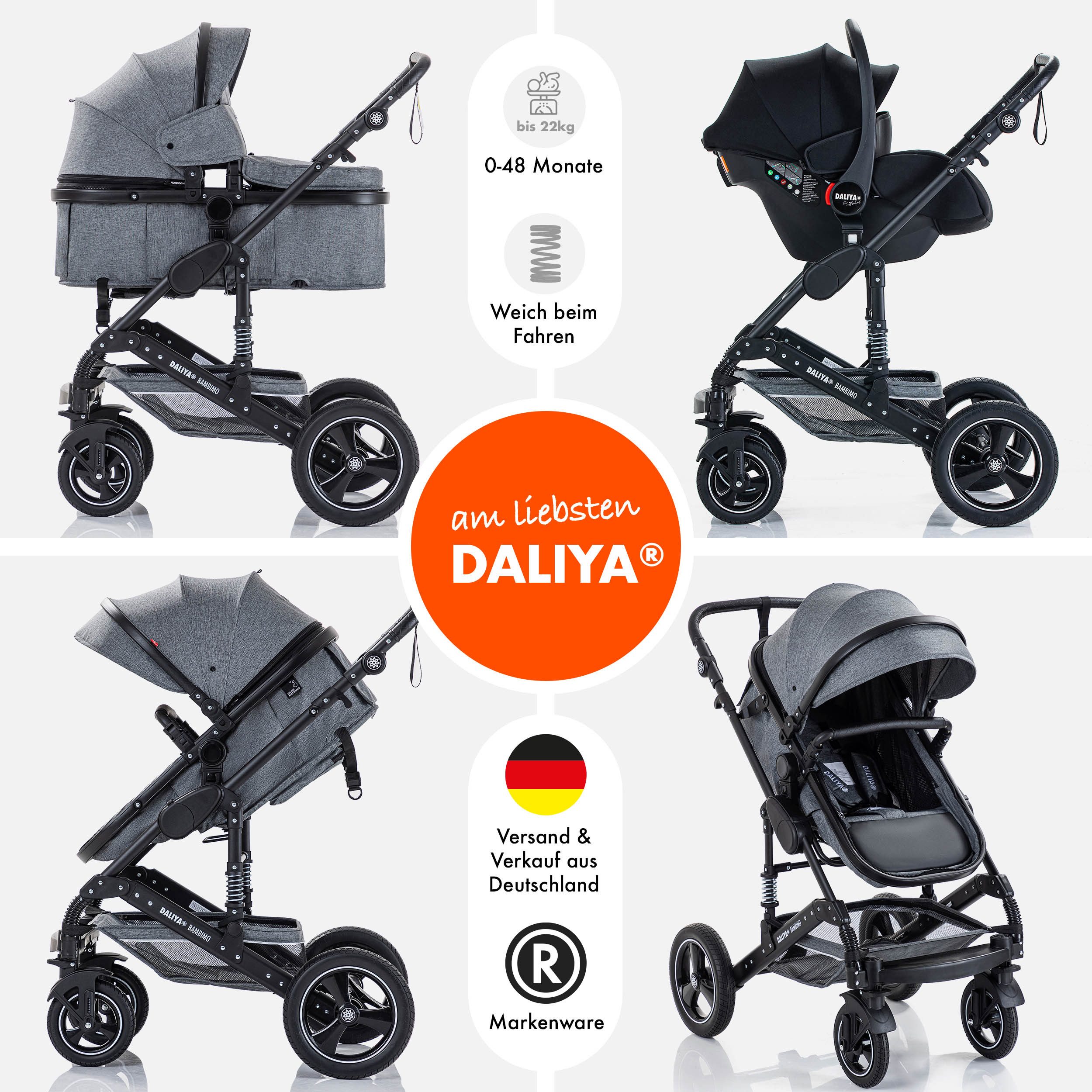 Daliya® Kombi-Kinderwagen BAMBIMO 3in1 Kinderwagen & Buggy mit Auto-Babyschale und Adapter, (XXL-Set inkl. Wickeltasche und Spieltisch, 15-tlg), Babyschale, Airless-Räder, Federung, weiche Matratze, Belüftungssystem