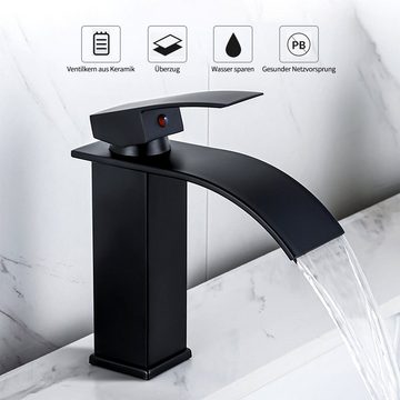 7Magic Badarmatur (Wasserfall Wasserhahn Waschbecken Mischbatterie Waschtischarmatur) Schwarz Kalt- und Warmwasserhahn mit keramischem Ventil