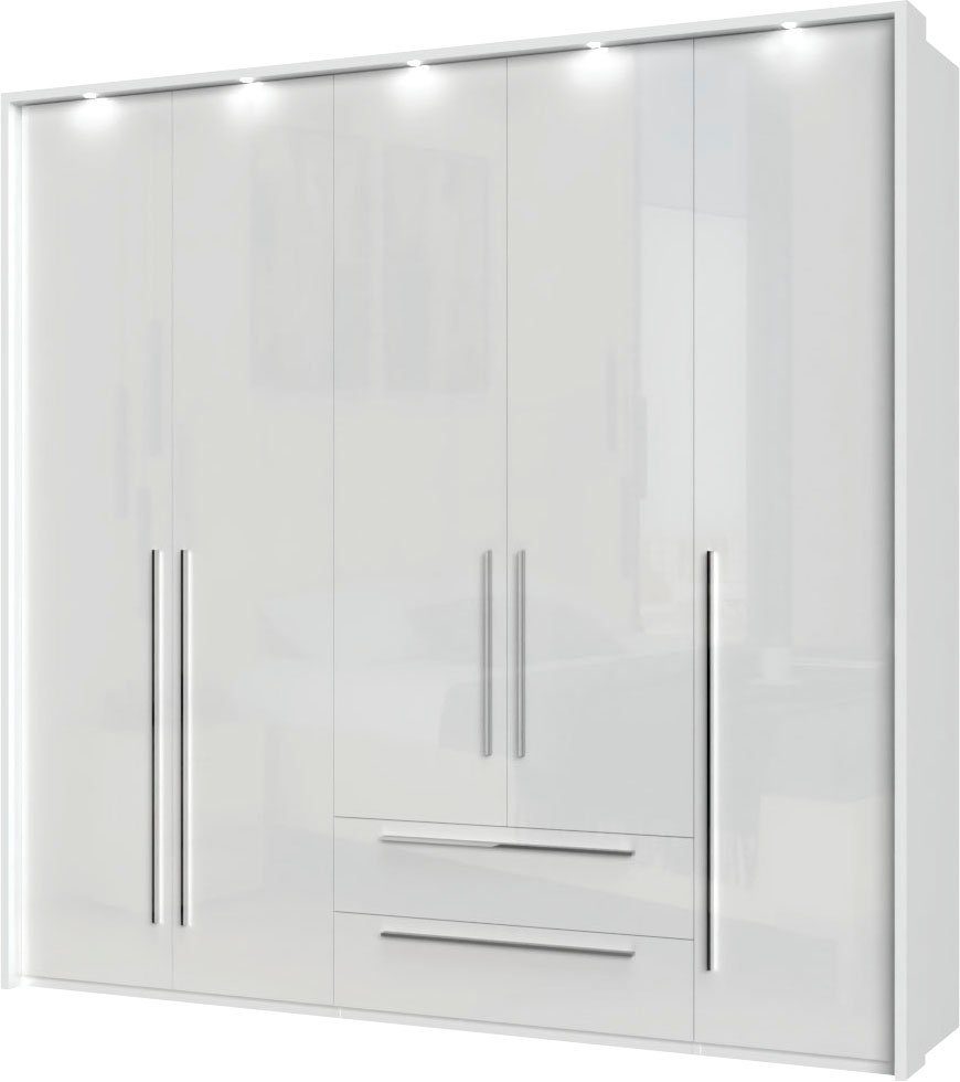 OTTO home Drehtürenschrank Piano, inklusive Rahmen und Beleuchtung, soft-close-Funktion (viele Breiten zur Auswahl, 226cm hoch, mit jeweils 2 Schubladen) beige oder weiß, UV lackiert, Hochglanzfronten, FSC-zertifiziert