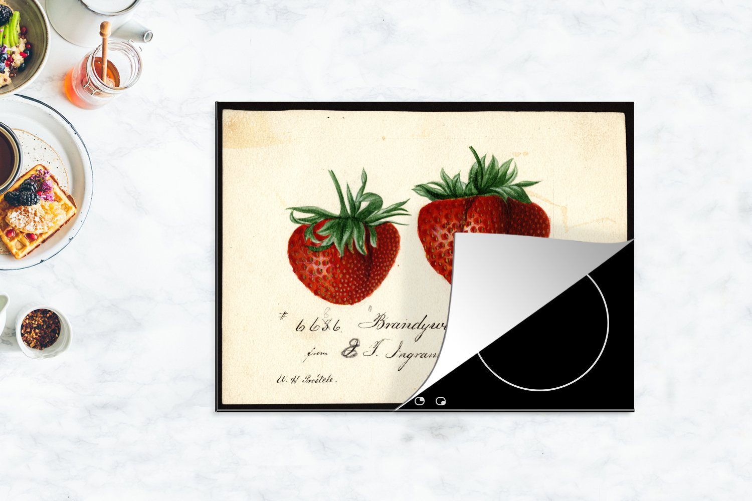 MuchoWow Herdblende-/Abdeckplatte Erdbeeren - Arbeitsfläche Gemälde (1 Deborah von 70x52 Vinyl, Mobile nutzbar, cm, Passmore, tlg), Griscom Ceranfeldabdeckung