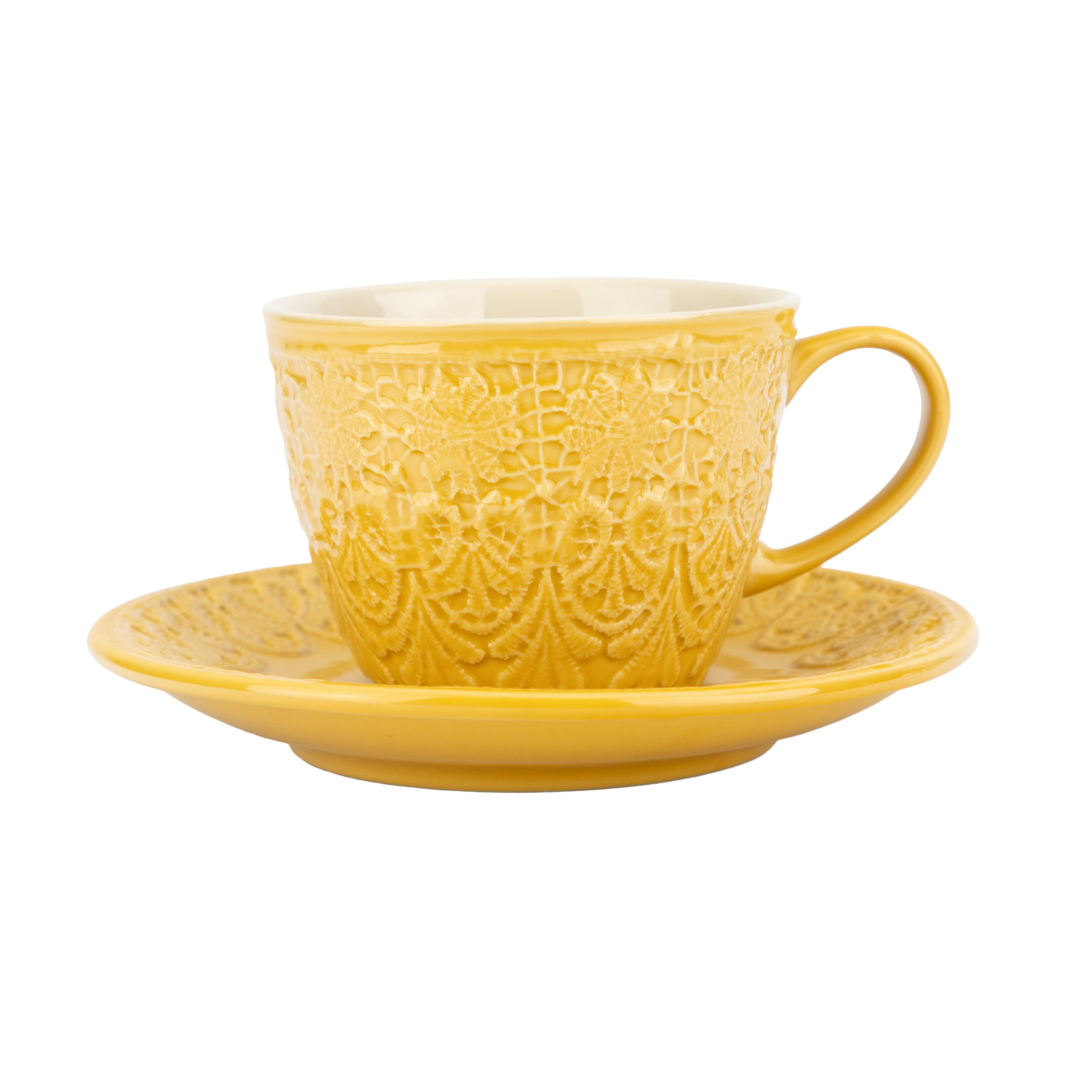 El Puente Tasse "Bloom" Cappuccinotasse aus Keramik in Gelb, Handmade, Keramik, Fair Trade