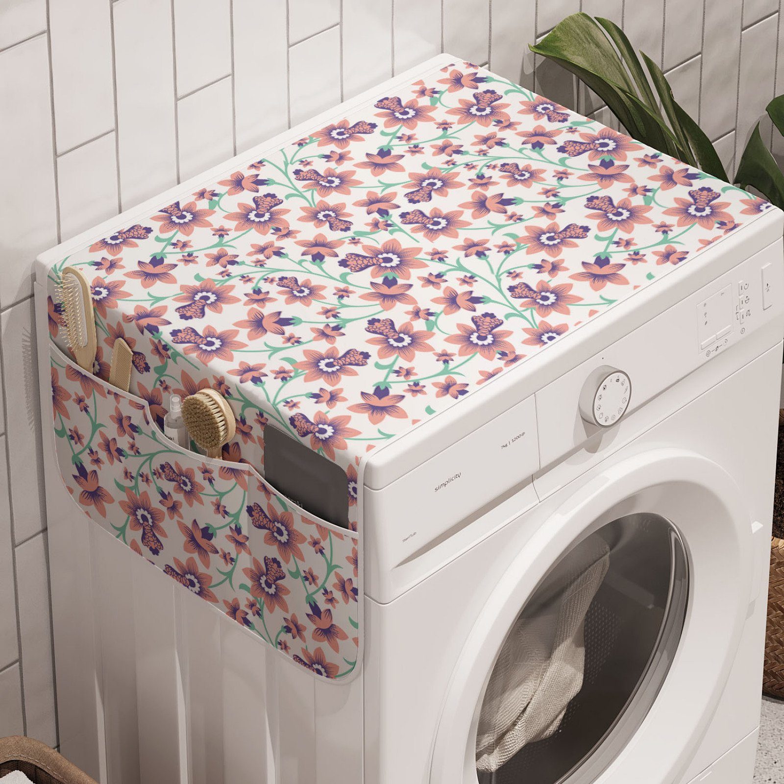 Abakuhaus Badorganizer Anti-Rutsch-Stoffabdeckung für Waschmaschine und Trockner, Blumen Sommer-Art-Retro Blumen