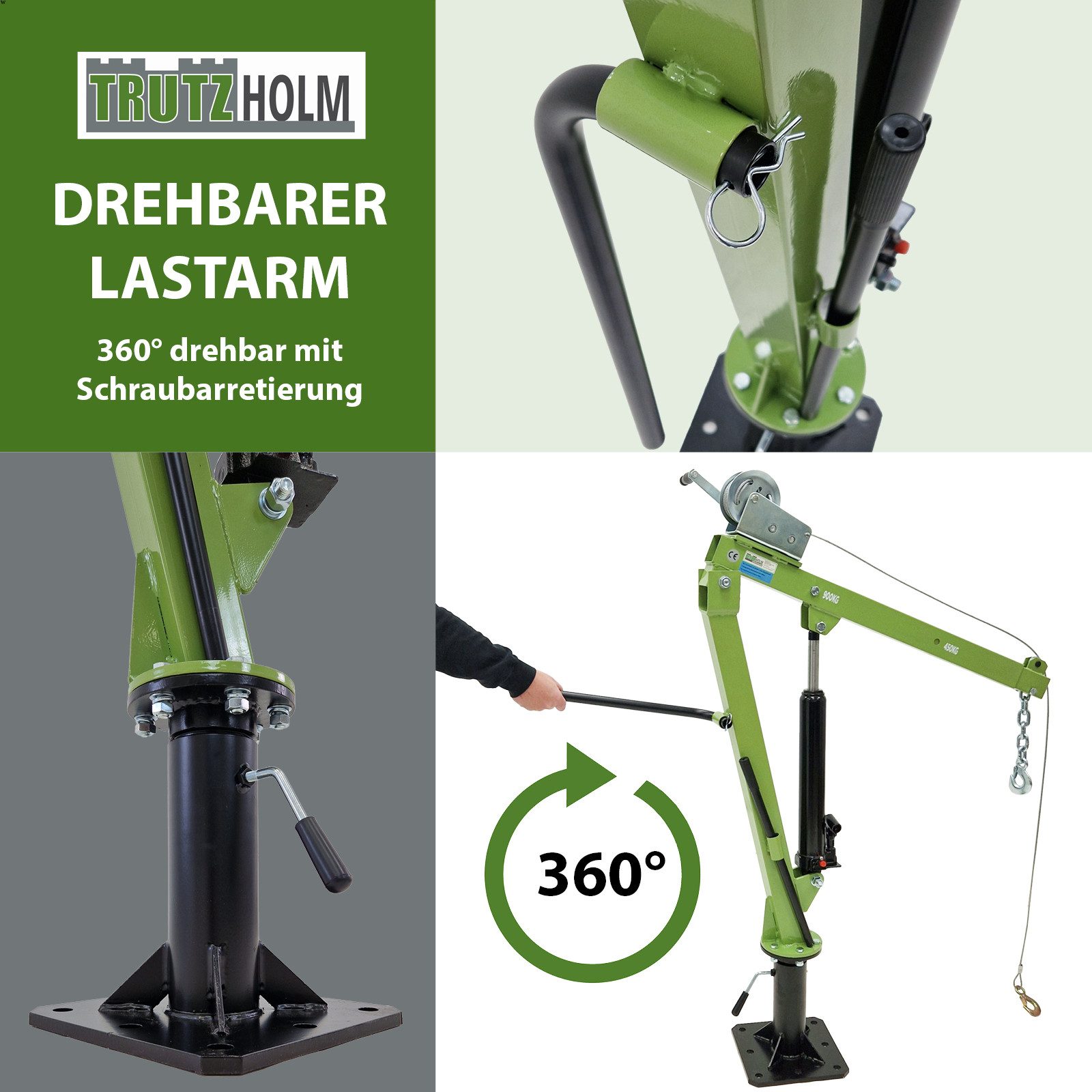 TRUTZHOLM Werkstattkran Pickup Kran Stahl Tragkraft 900 kg 360° drehbar mit Seilwinde Heber, Artikel 1-St. massiver 360 Grad Drehkranz zum Schwenken – Bild 4 von 5