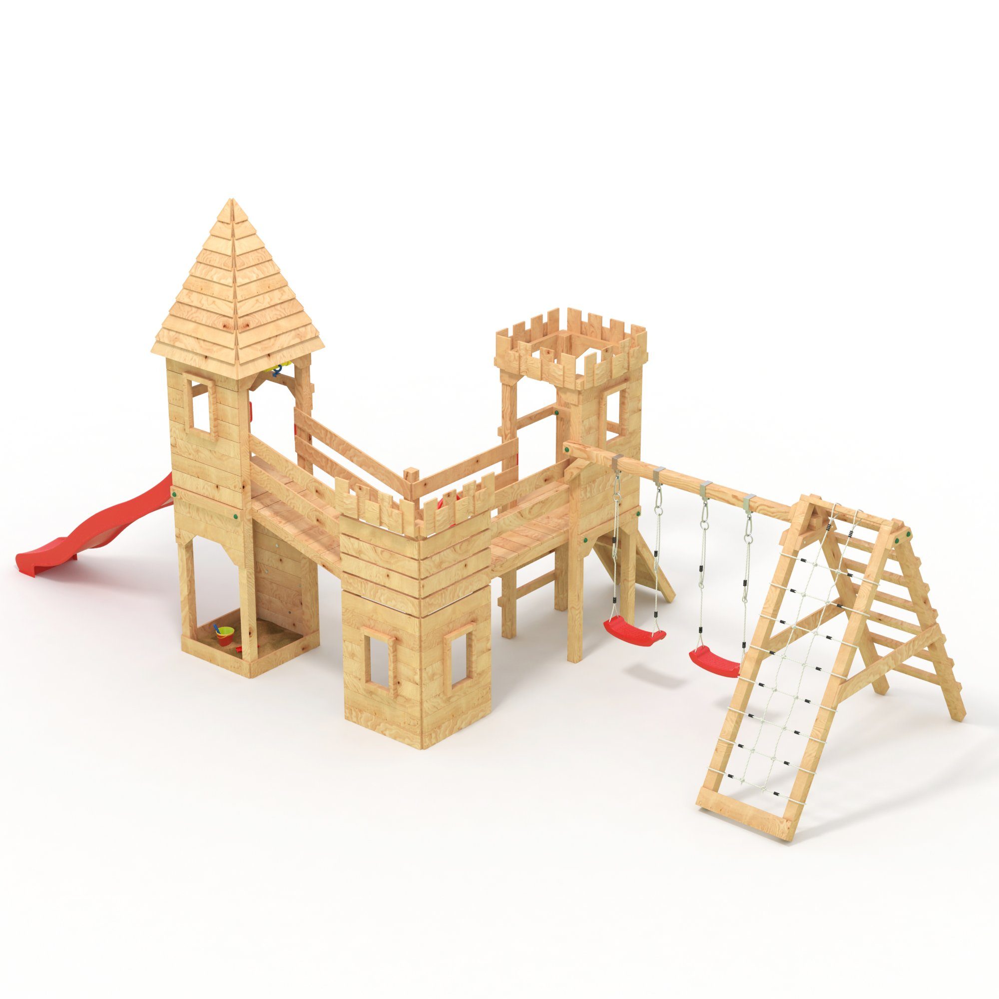 bibex Spielturm Ritterburg "XXL 150" - 3x Klettertürme, lange Rutsche, Doppelschaukel