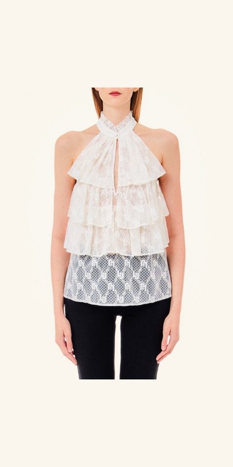 Liu Jo Neckholdertop - Mesh Top - Ärmelloses Rüschen Top - festliches Neckholdertop