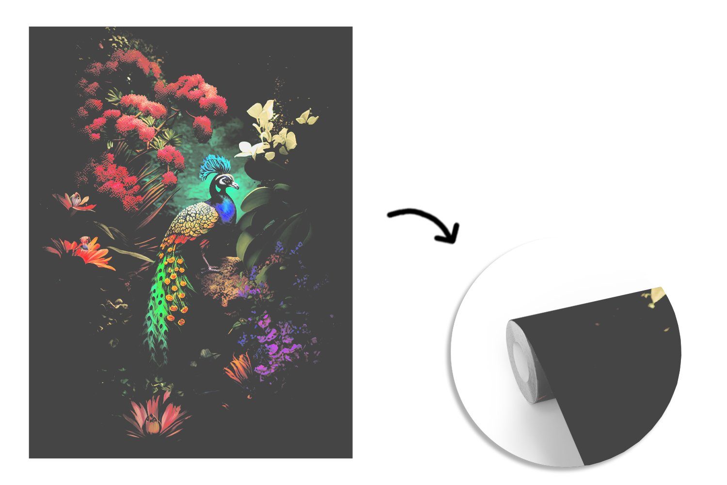 Wandtapete bedruckt, Pfau Federn für Blumen Montagefertig Matt, St), Tapete Wohnzimmer, Fototapete - Vinyl Vogel, - (4 - MuchoWow