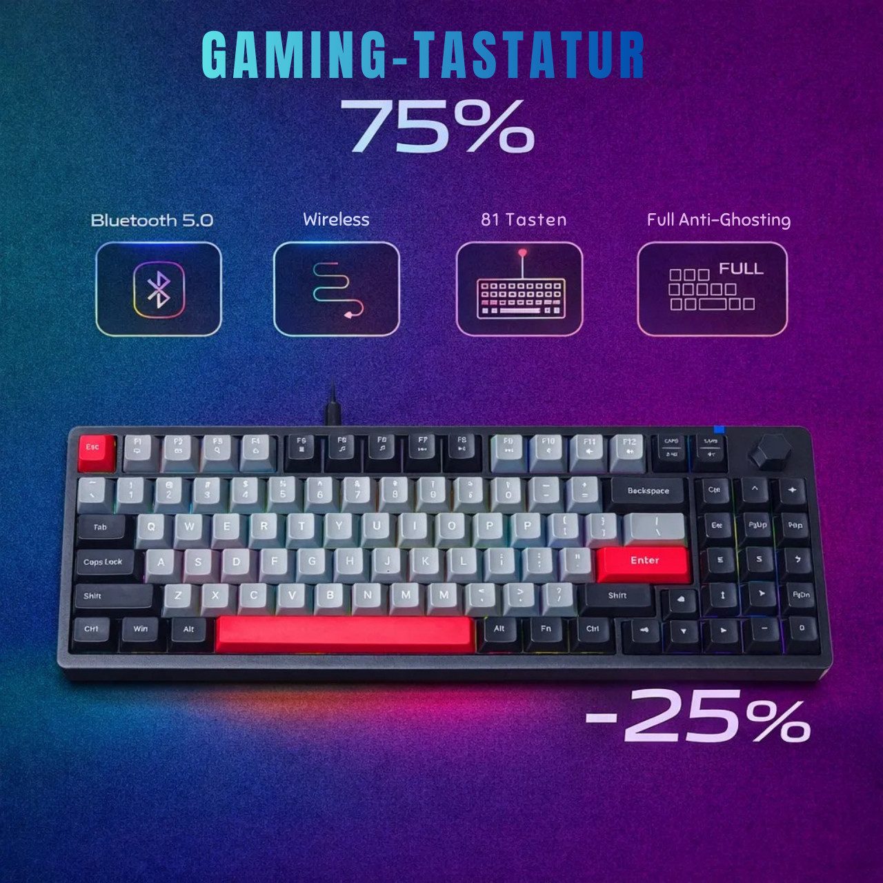 Goldstern-Tech Wireless-Tastatur (Wireless 75% Gaming-Tastatur mit RGB & Anti-Ghosting)