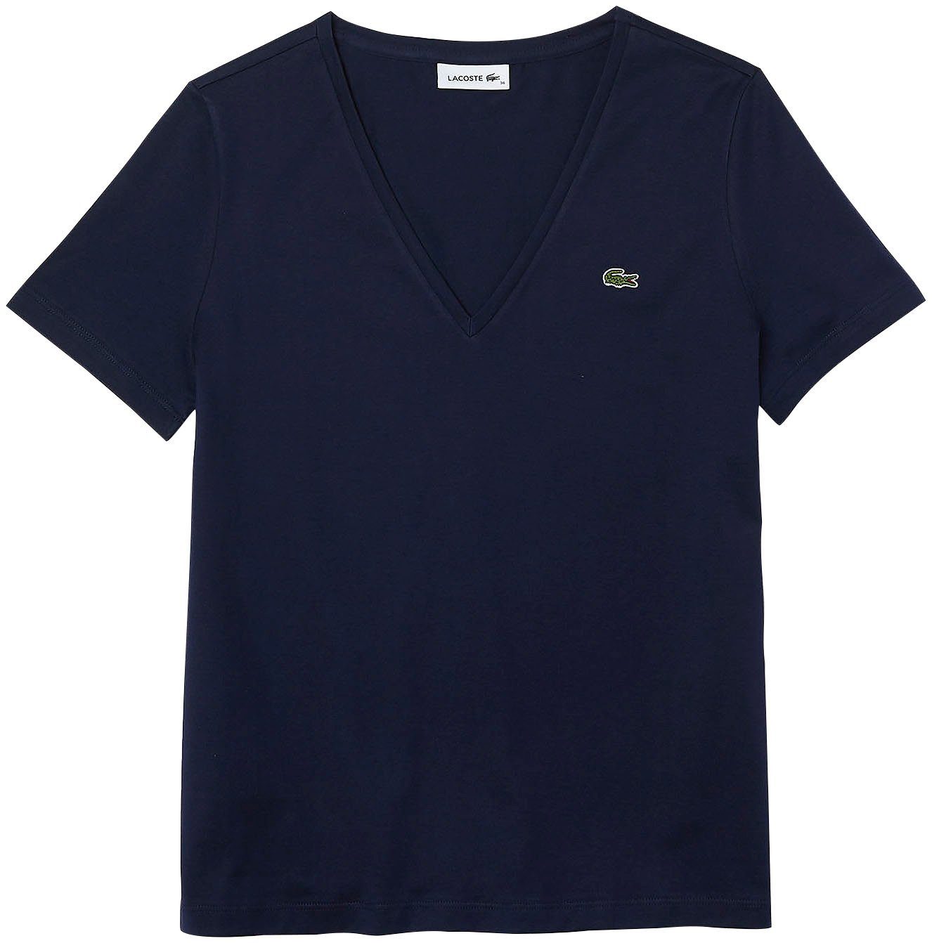 V-Ausschnitt Damen-T-Shirt Lacoste Brust der (1-tlg) Lacoste mit auf T-Shirt marine mit Logo-Patch