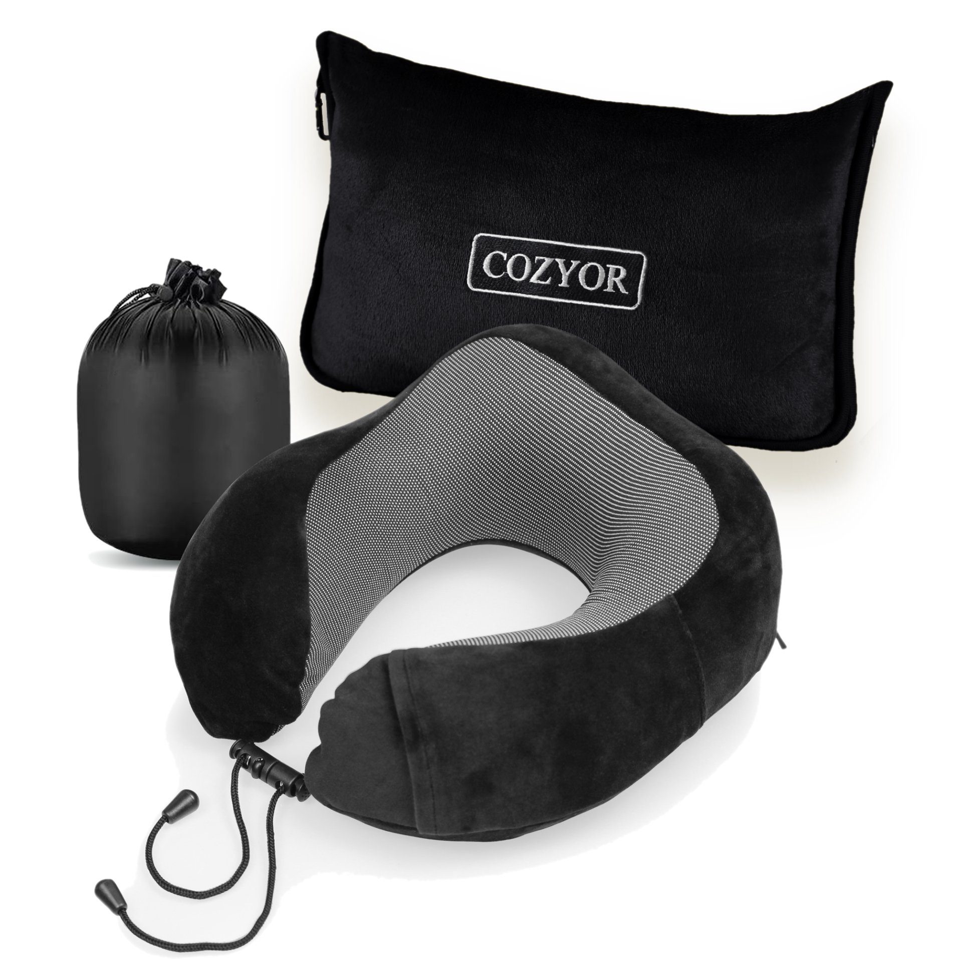 Cozyor Nackenstützkissen Memory Nackenkissen mit verstellbarem Verschluss + praktischer Tasche, Bezug: waschbarer Bezug, Spar-Set, Reise-Set mit Reisedecke & Nackenkissen wahlweise mit Augenmaske