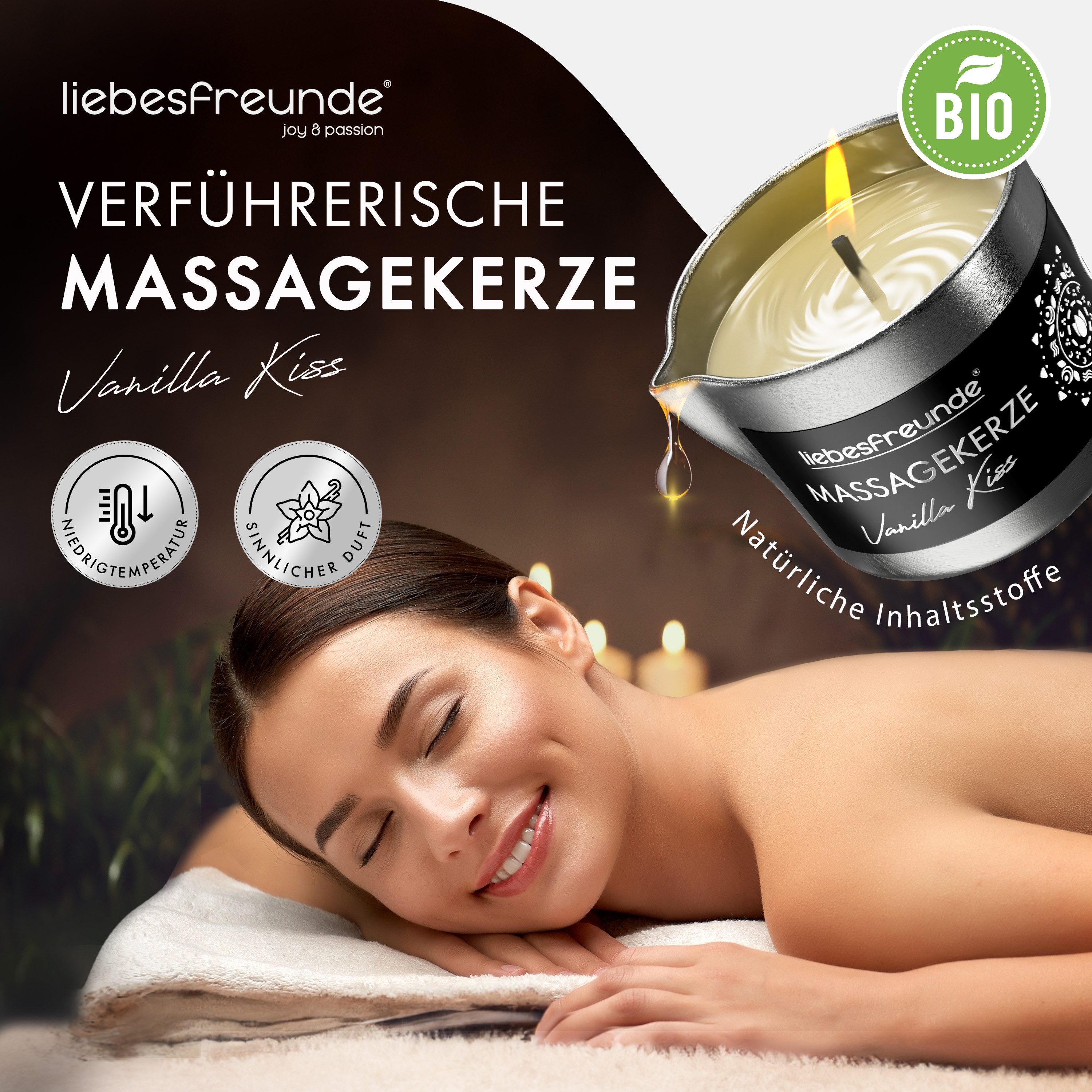 Liebesfreunde Massagekerze Bio Massagekerze VANILLA KISS für sinnliche Massagen, Hergestellt in Deutschland