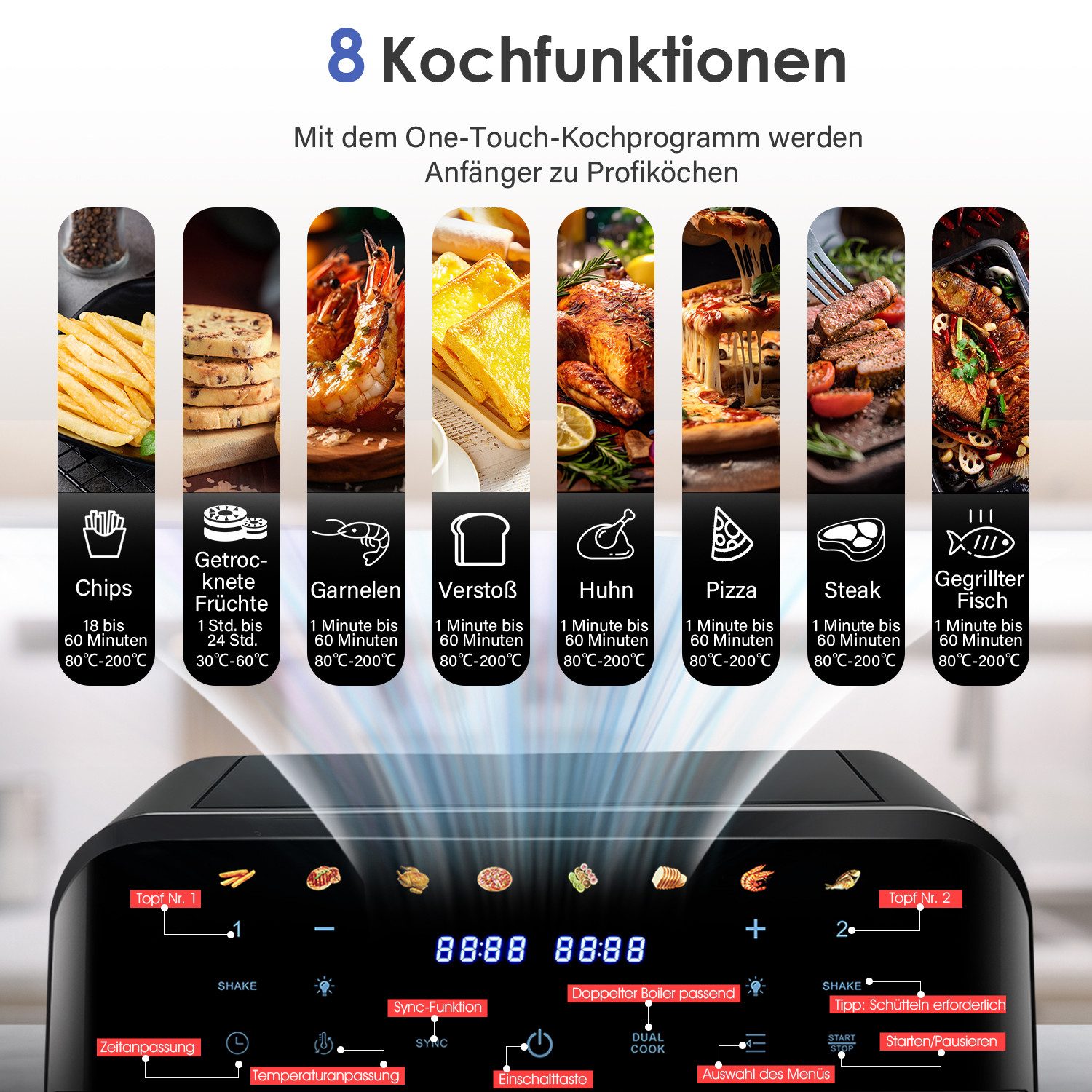 oyajia Heißluftfritteuse 9L Heißluftfritteuse RA930DSV XXL, 2 separat gesteuerte Garkammern, 2600,00 W, Touch Display, Sichtfenster, 8 Automatikprogramme/je 4,5 l pro Korb