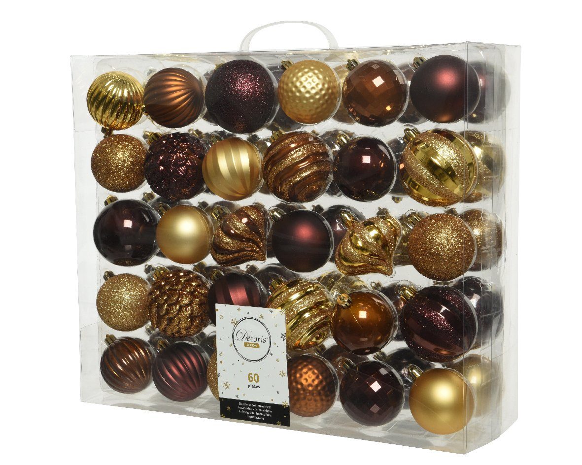 Decoris season decorations Weihnachtsbaumkugel, Weihnachtskugeln Kunststoff 6-7cm Ornamente 60er Set - Braun Gold