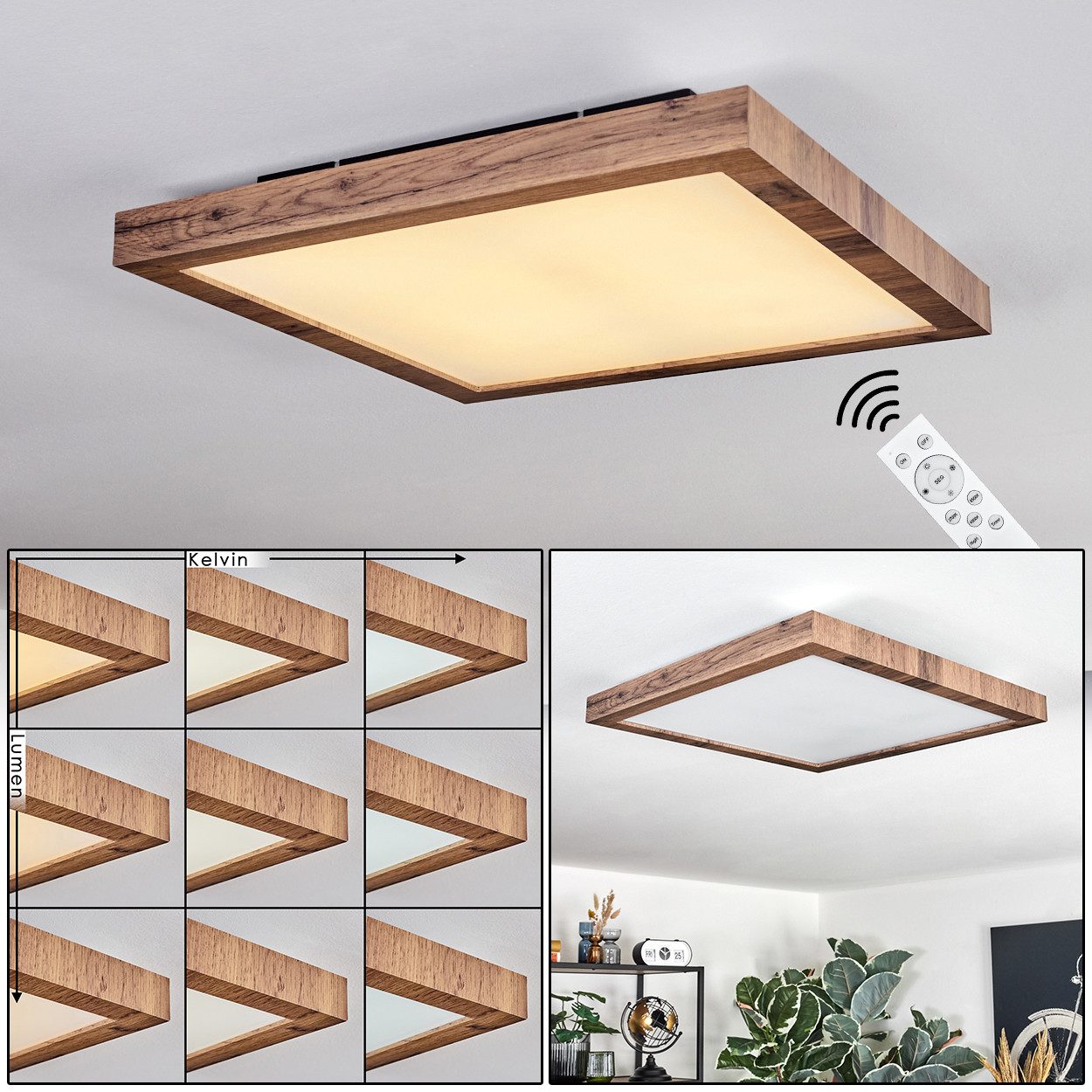 hofstein Deckenleuchte dimmbares Deckenpanel aus Metall/MDF in Schwarz/Holzoptik, LED wechselbar, 2700-6500 Kelvin, skandinavisches Design, mit Fernbedienung, 24 W, 260-2600 Lumen, CCT