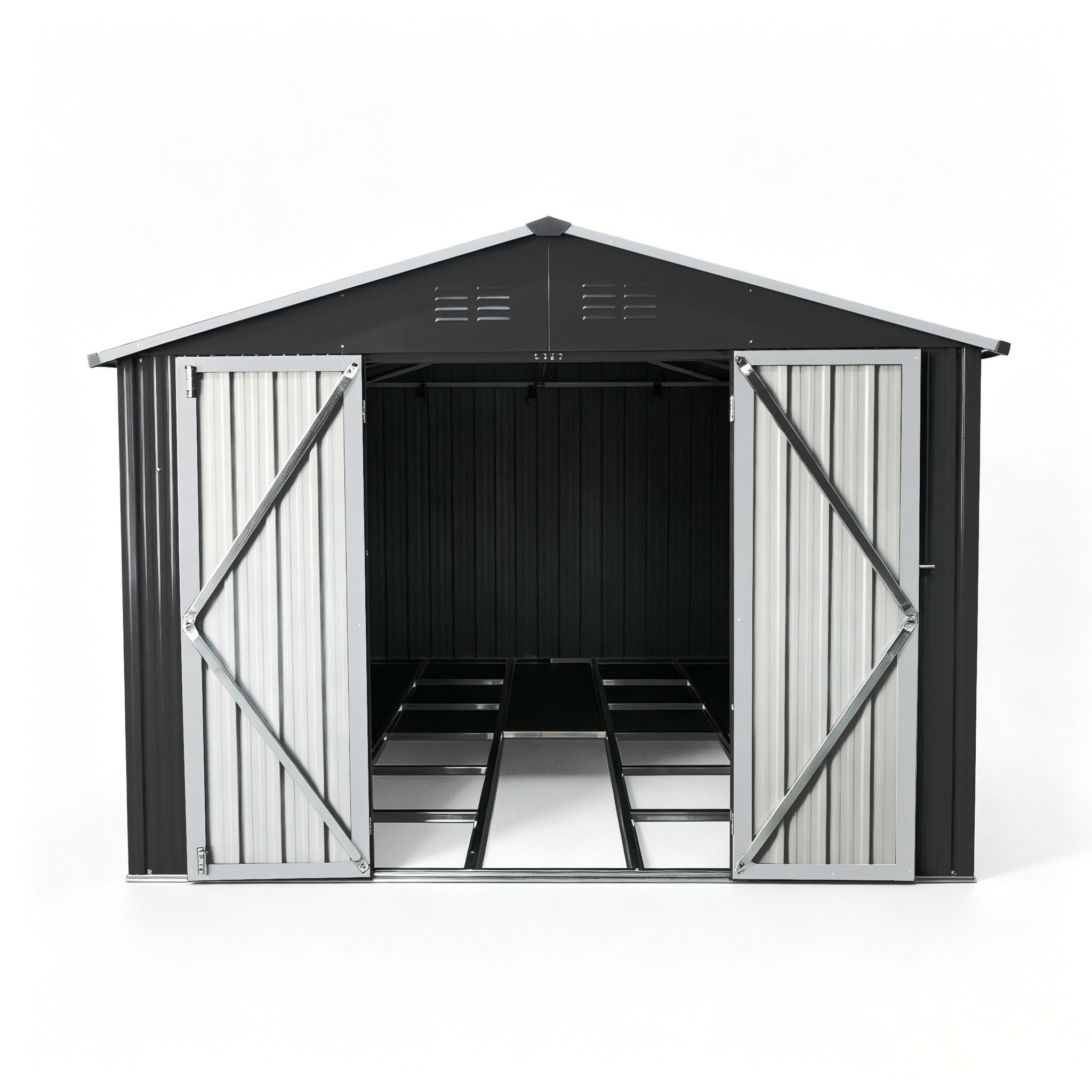 kowdom Gartenhaus Metall-Gartenschuppen 10x8 ft Spitzdach Bodenrahmen, Spitzdach, Bodenrahmen, verzinkt, wetterfest