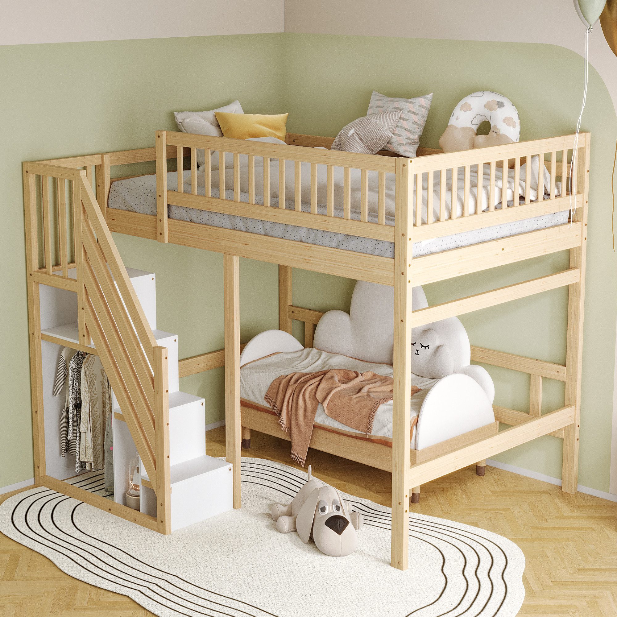 Merax Hochbett (Jugendbett mit Rausfallschutz und Lattenrost, 1-St) Etagenbett 140x200cm mit Treppe und Stauraum, Kiefernholz Kinderbett – Bild 3 von 5