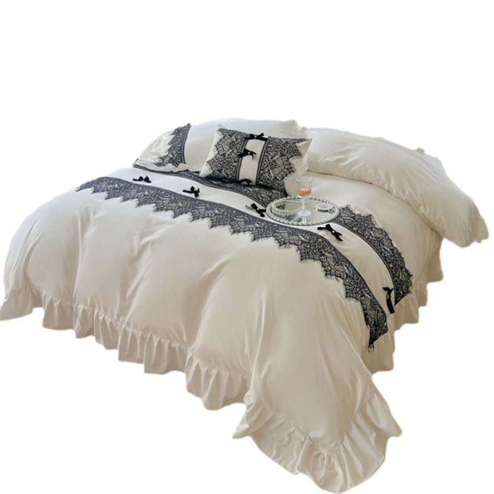 Bettwäsche Bettwäsche Rüschen 245*250cm Weiß Uni Romantisch 4 Teilig Set, FELIXLEO
