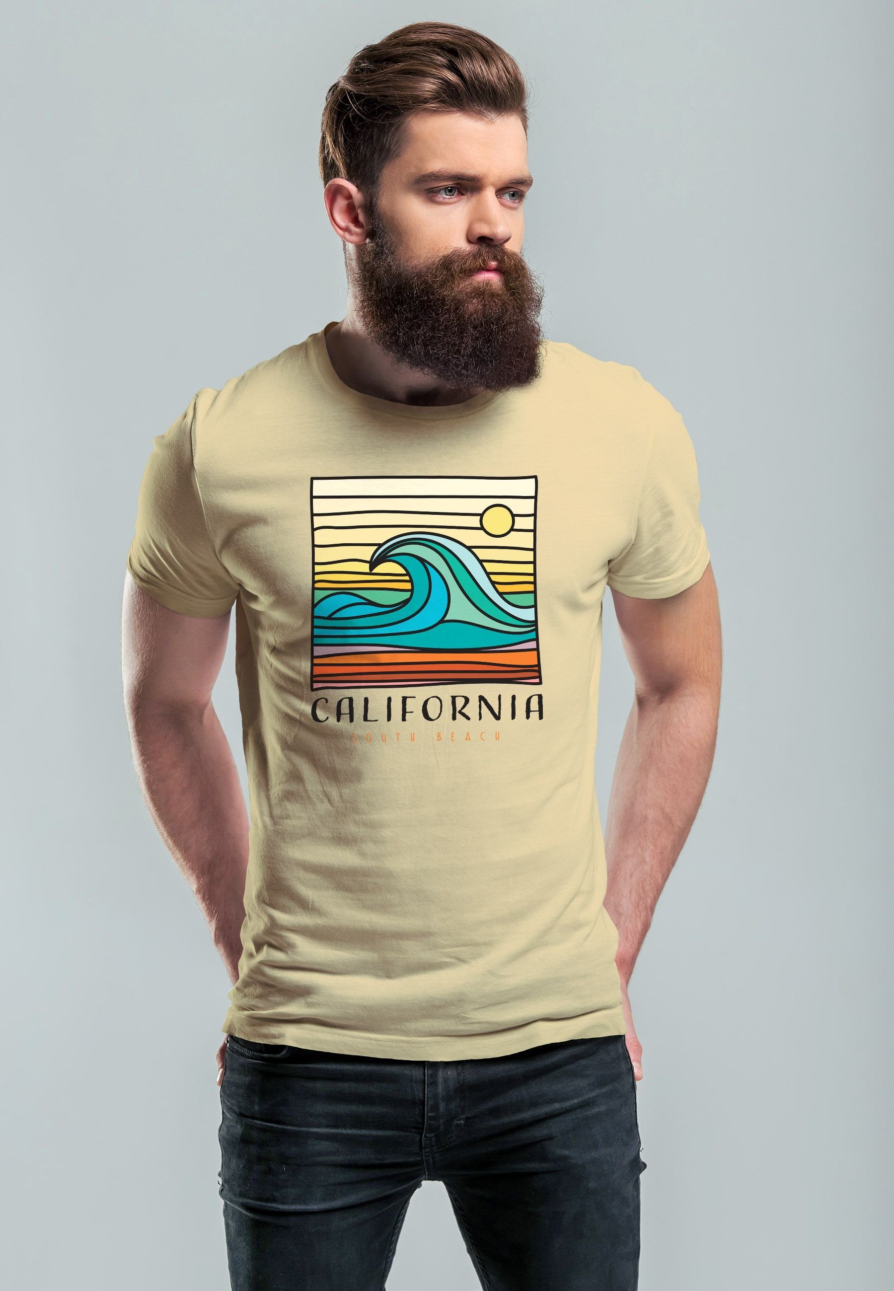 Neverless Print-Shirt Herren T-Shirt Aufdruc mit Wave South Print Print Surfing California Welle Beach natur