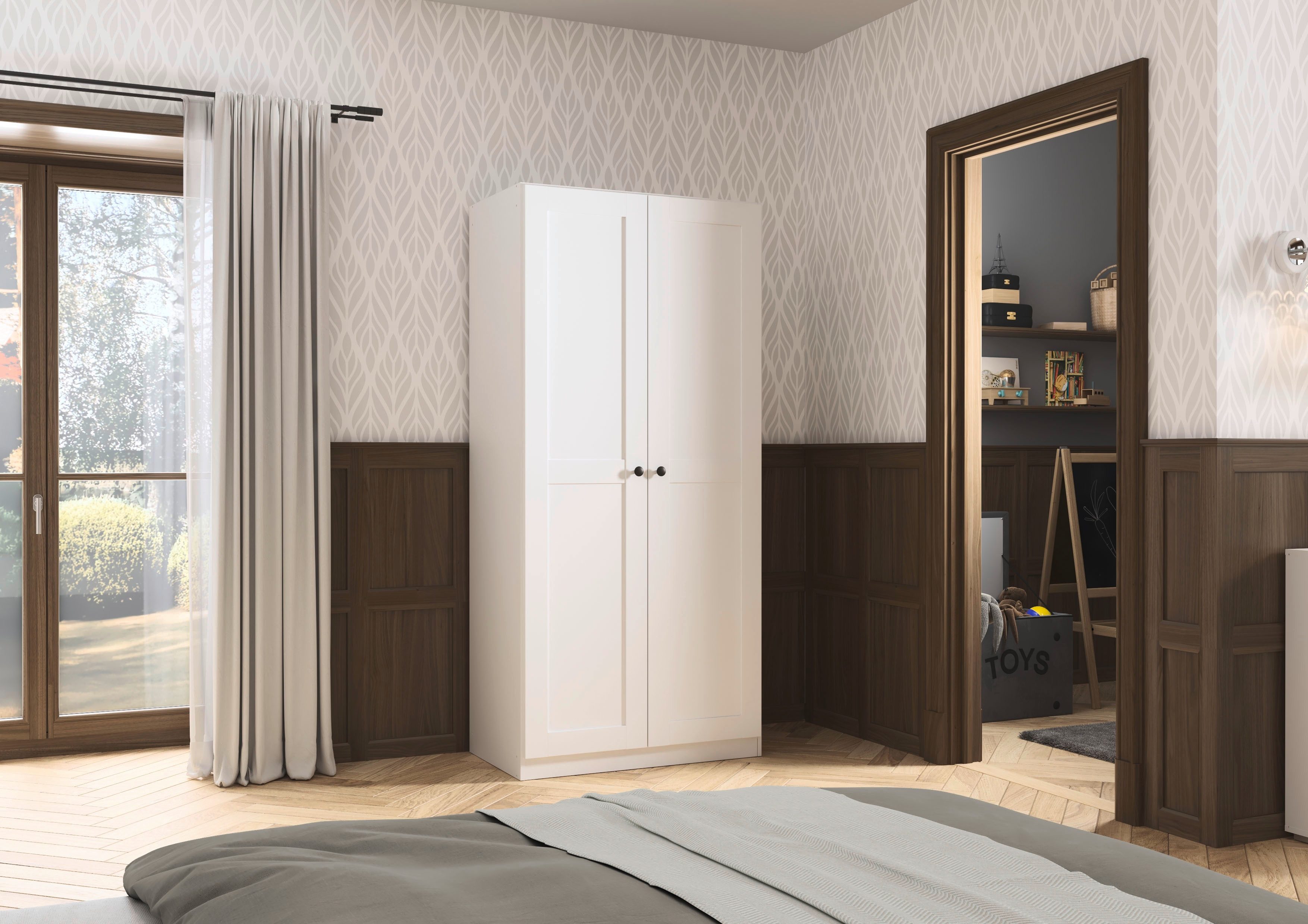 rauch Drehtürenschrank Kleiderschrank Schrank Garderobe Ankleide Schlafzimmerschrank YLVA (Breiten: 90/135/180 cm, Höhe 197 cm) skandinavischer Style mit Rahmenfront und Knopfgriffen MADE IN GERMANY