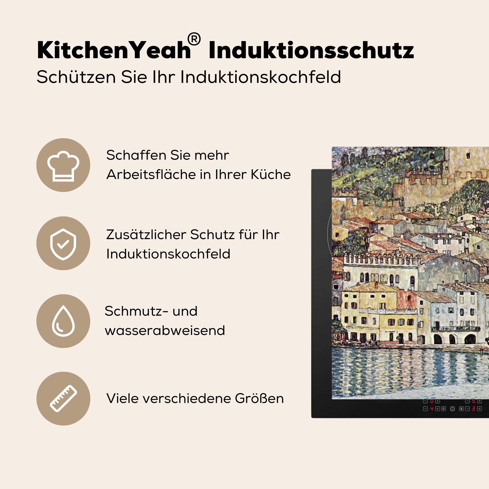 Vinyl, (1 78x78 Klimt, - für Herdblende-/Abdeckplatte Ceranfeldabdeckung, cm, tlg), Landschaft Arbeitsplatte küche MuchoWow Gustav