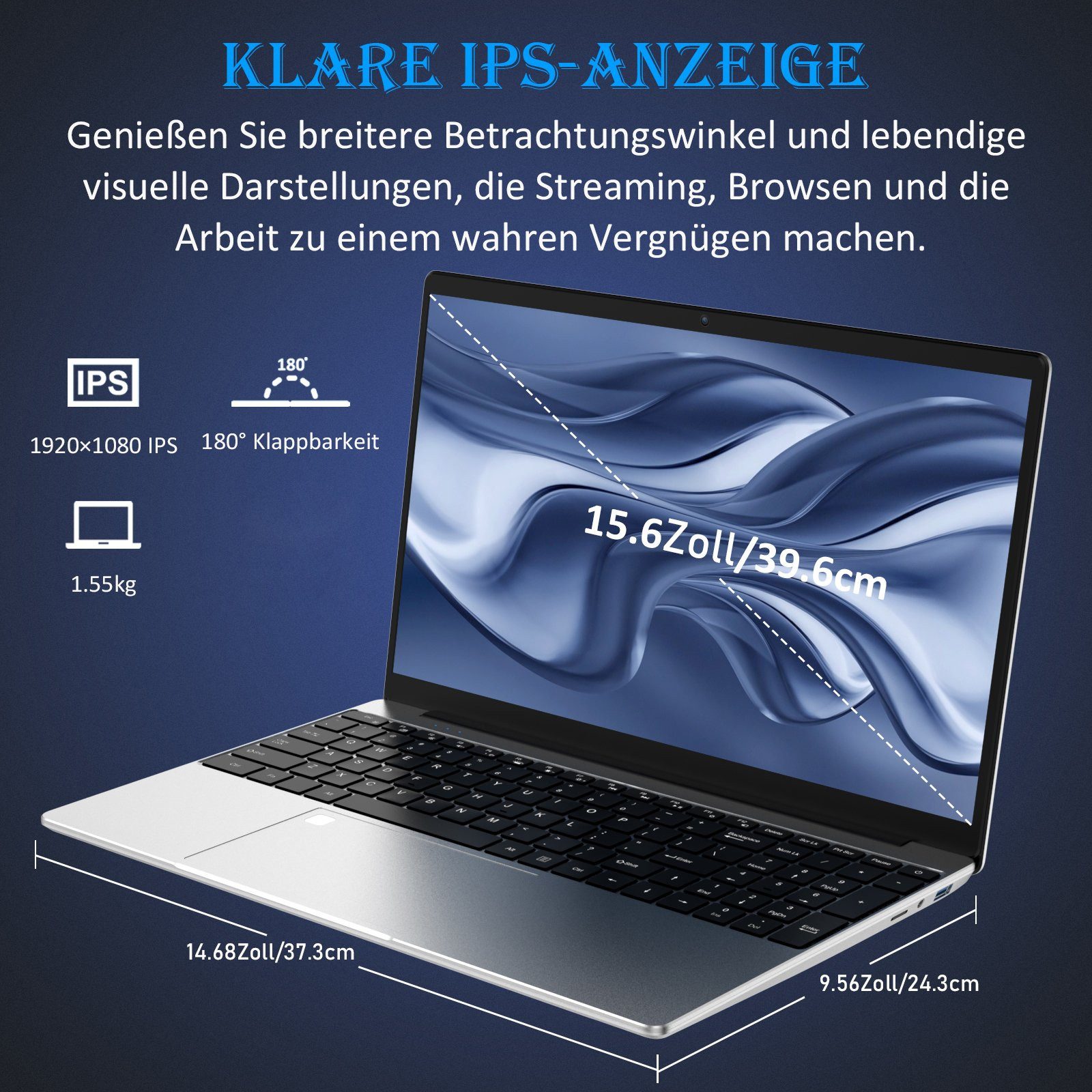 Auusda T152A Laptop, 15.6 Zoll, Intel N95, 16GB RAM, 512GB/1TB NVMe SSD Notebook (39,6 cm/15.6 Zoll, Intel Alder Lake-N95, 16 GB, 512 GB SSD, with Fingerprint Unlock, Cooling Fan, Webcam, Dual Speakers, Mini HDMI) silberfarben