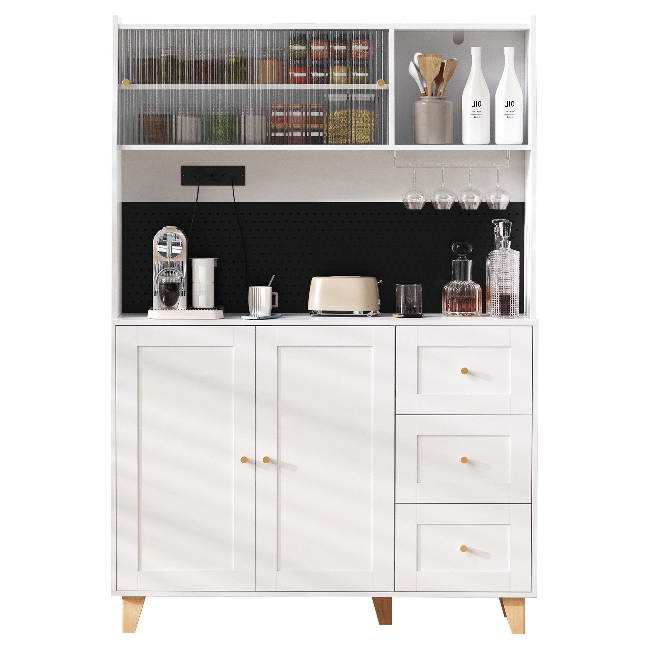 SeedWave Buffet Vielseitiges Küchenbuffet mit Weinglashalter, Ladefunktion, Stecktafel 2 Glas-Schiebetüren, viel Stauraum, Kippschutz-Set