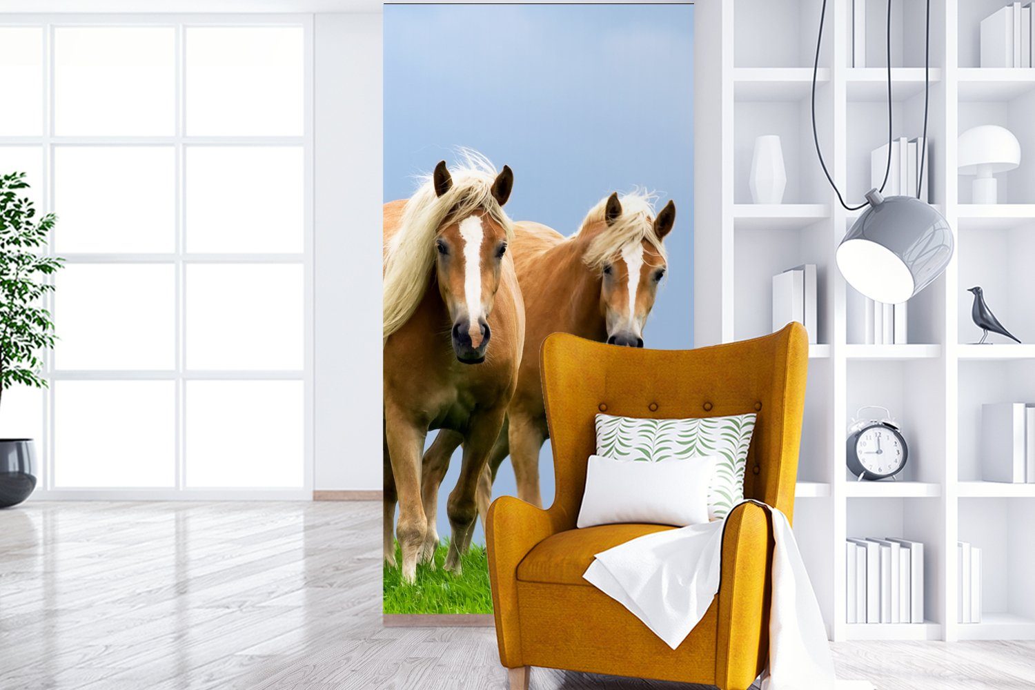 MuchoWow Fototapete Pferde - St), - Luft, Fototapete (2 Matt, Gras für Schlafzimmer Küche, bedruckt, Wohnzimmer Vliestapete