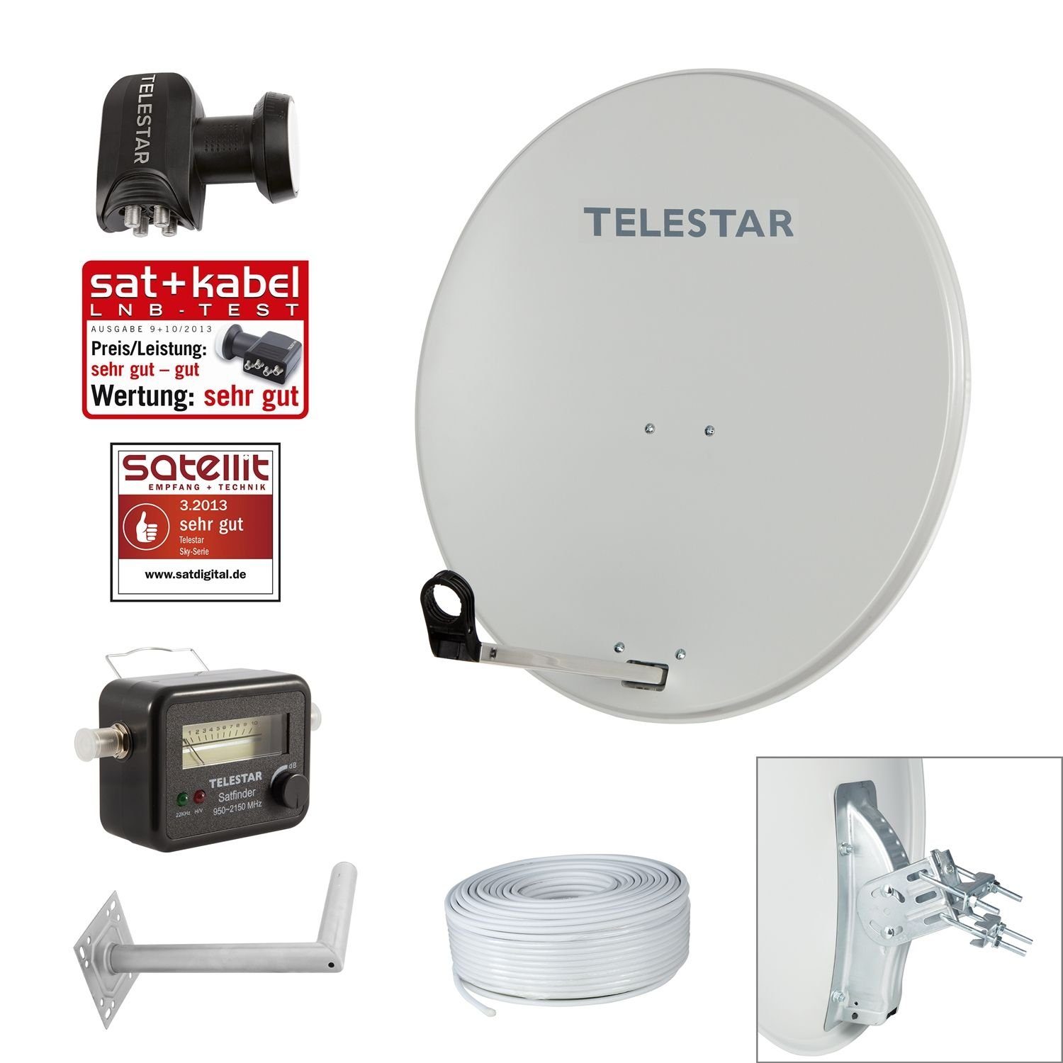 TELESTAR DIGIRAPID 80S mit Quad-LNB, Kabel, Wandhalter und Satfinder SAT-Antenne (80 cm, Stahl, 4-Teilnehmer Anlage)