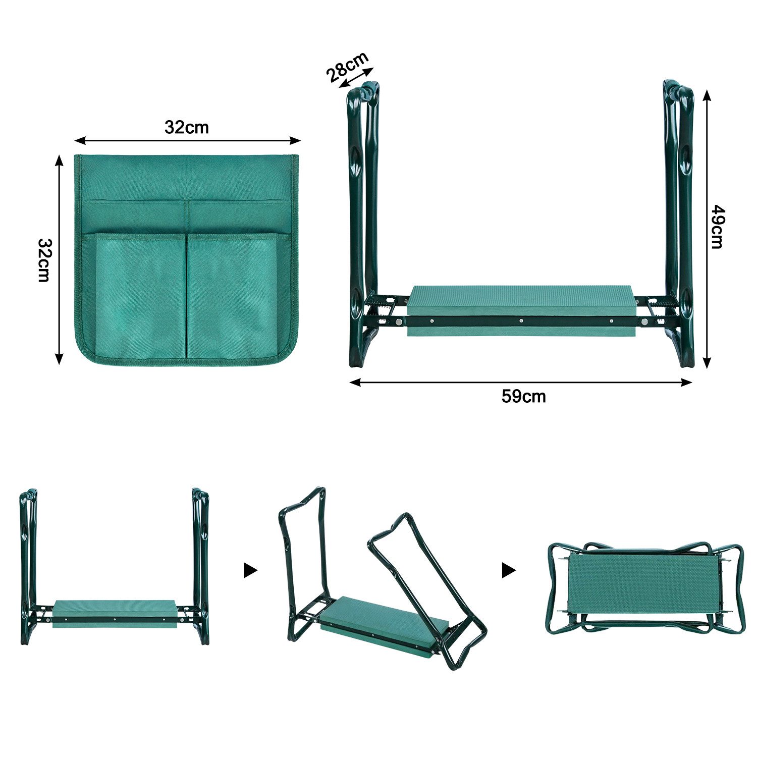 FIVMEN Kniebank Arbeitshocker 2-in-1 Gartenhocker Gartenarbeit Kniehilfe, 60x50x28cm, mit Eva-Schaumkissen Arbeitstasche Gepolstert für Garten, Grün