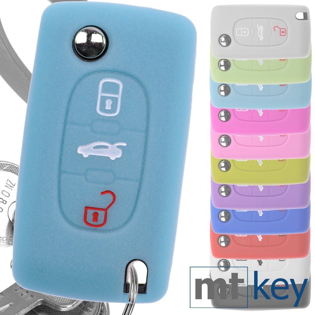 Schlüsseltasche I 308 Citroen 307 Expert 407 mt-key Softcase RCZ für fluoreszierend Blau, III Silikon C4 C5 Peugeot Schutzhülle Autoschlüssel Tasten 3