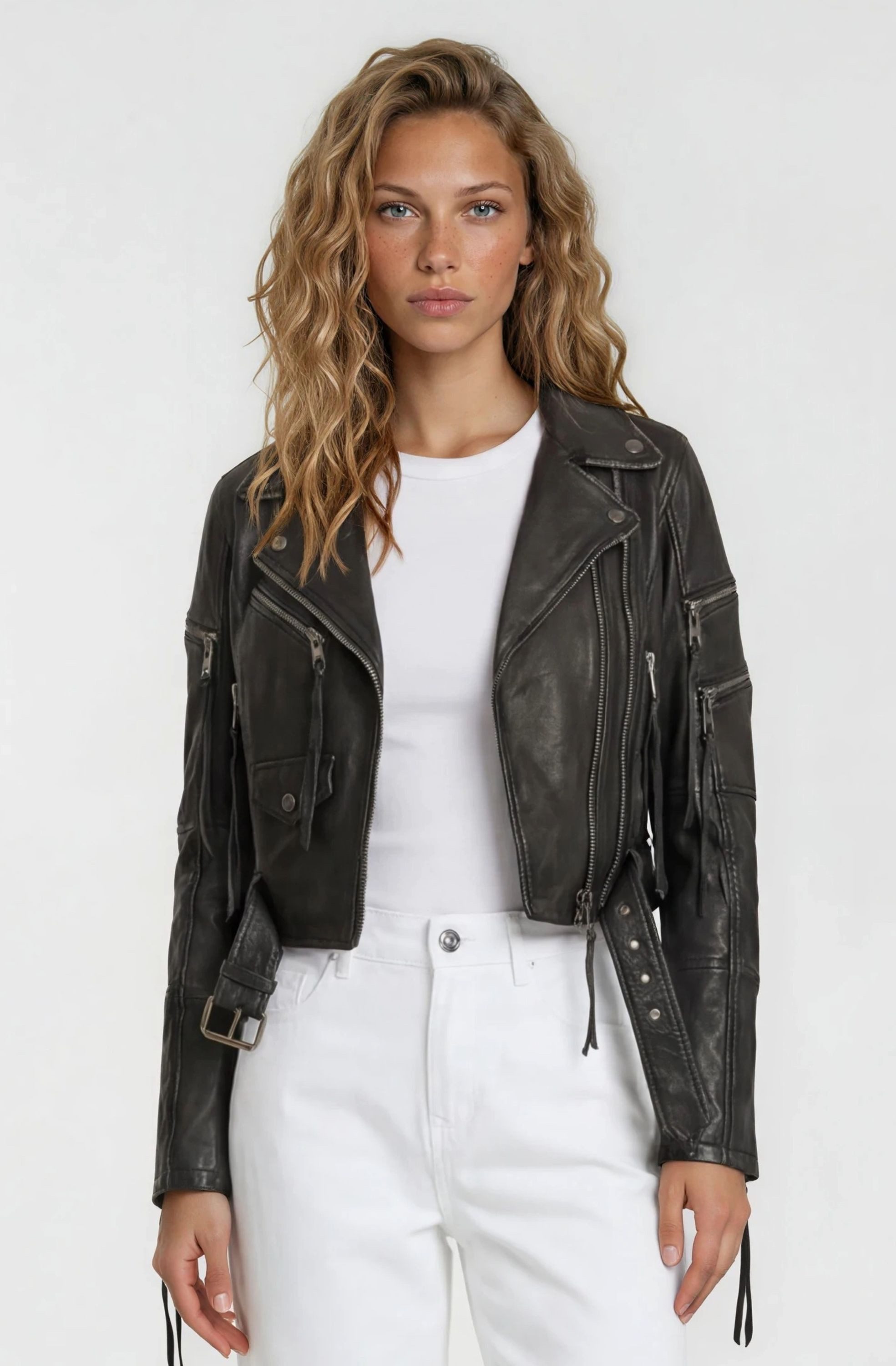 trueprodigy Lederjacke Izzy mit Reißverschluss und Gürtel