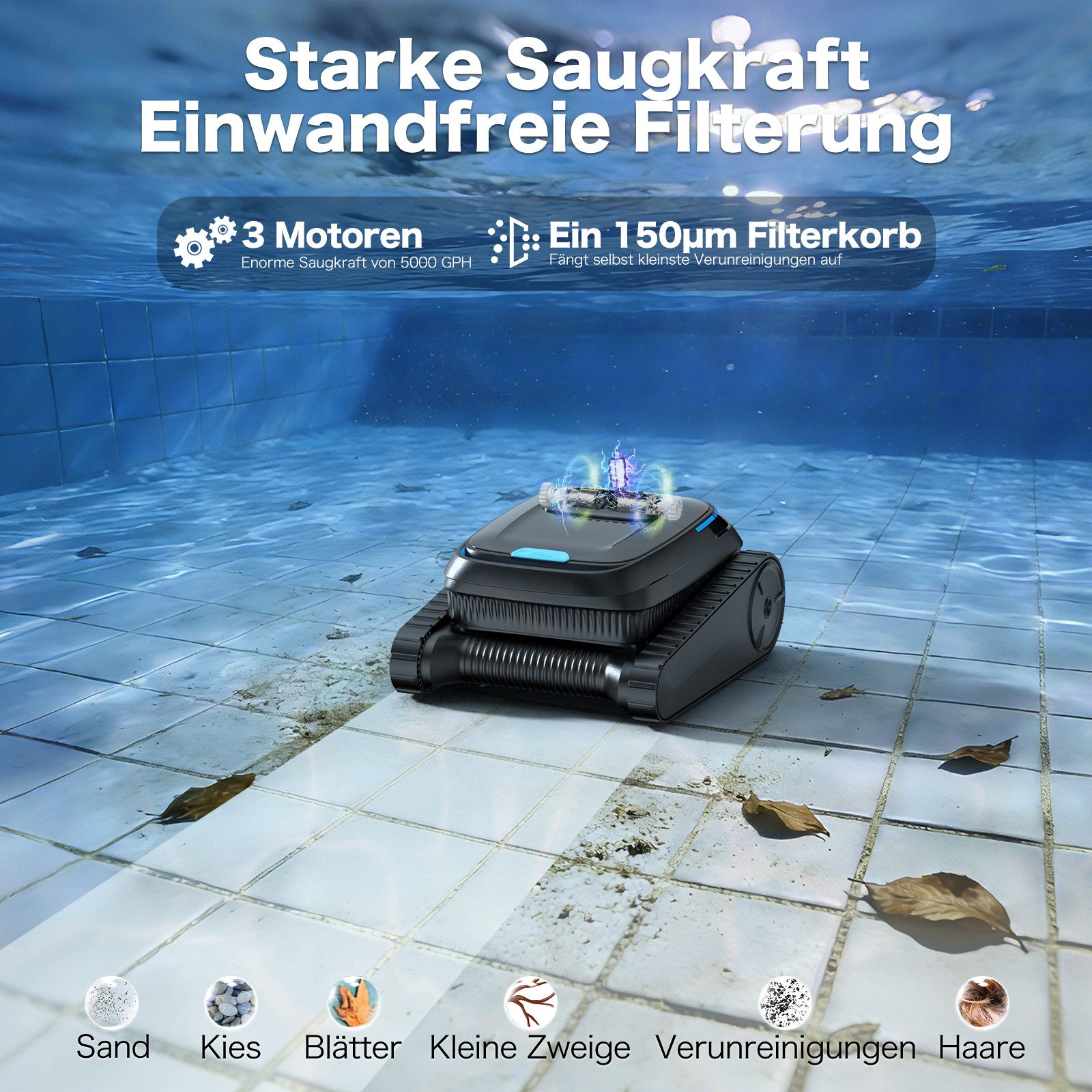 AIRROBO Poolroboter CP20 poolroboter akku wand und boden, Wasserlinie, (Intelligente Navigation, automatische Routenplanung, 45000pa,120 Minuten Akkulaufzeit, S – Bild 5 von 5