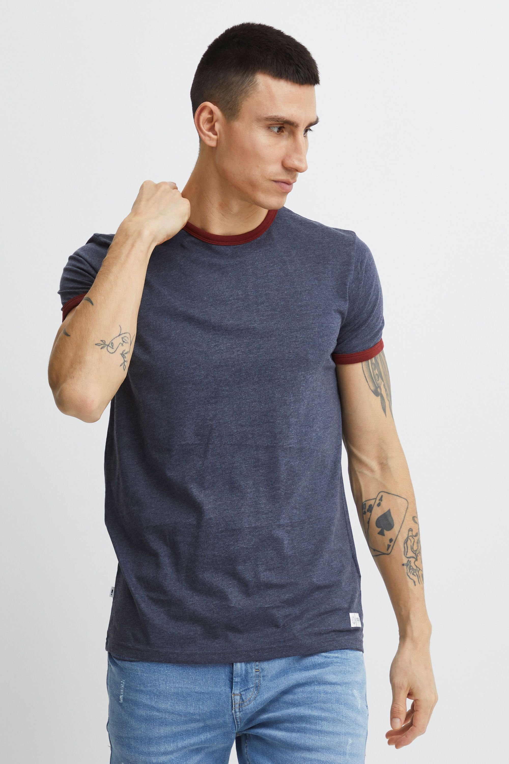 Solid Rundhalsshirt SDManoldo abgesetztem Kragen T-Shirt (8991) Melange mit farblich Ärmelsaum und Blue Insignia