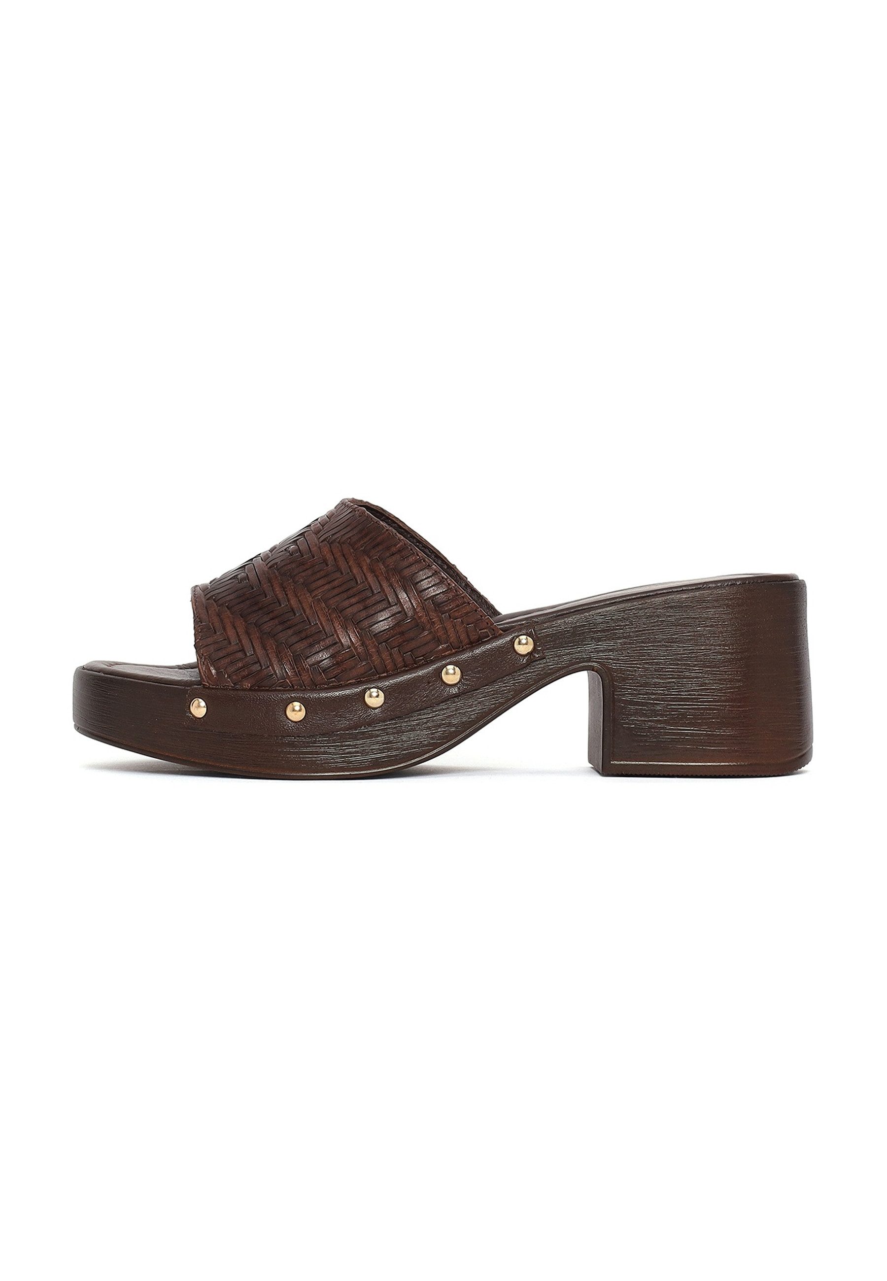 Derimod Pantoletten aus Leder mit mittlerem Absatz Mules Echtes Leder, Lederfutter, Gewebtes Obermaterial, Blockabsatz