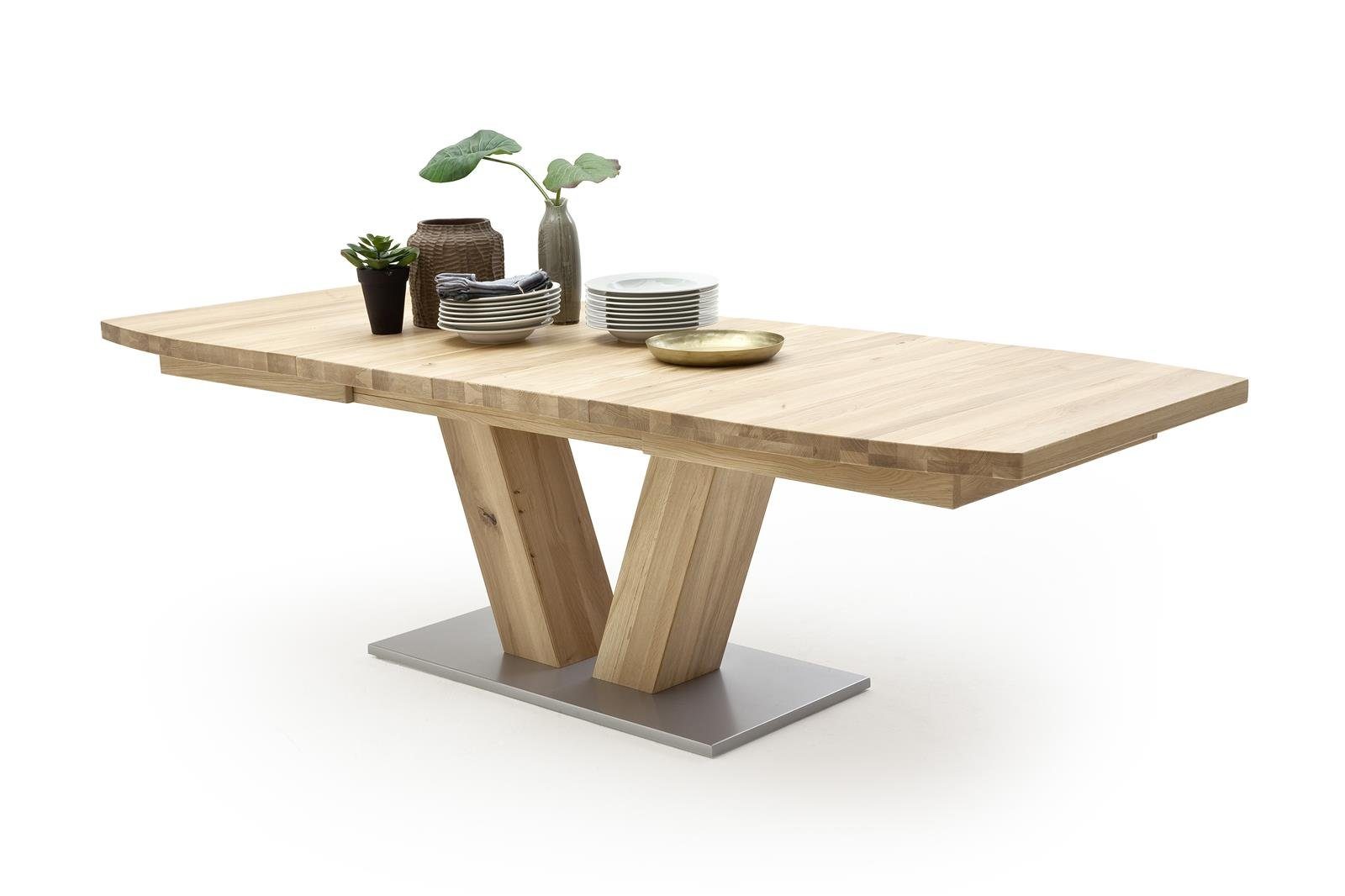 möbelando Esstisch MANAGUA, MENDOZA, Esstisch in Bootsform FSC®-zertifizierten Massivholz Eiche Bianco geölt mit Synchronauszug 180-225-270 cm mit 2 innenliegenden Einlegeplatten je 45 cm