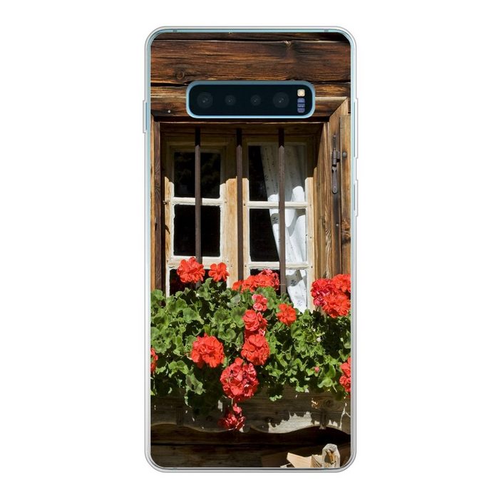 MuchoWow Handyhülle Fenster mit blühenden Geranien Phone Case Handyhülle Samsung Galaxy S10 Lite Silikon Schutzhülle