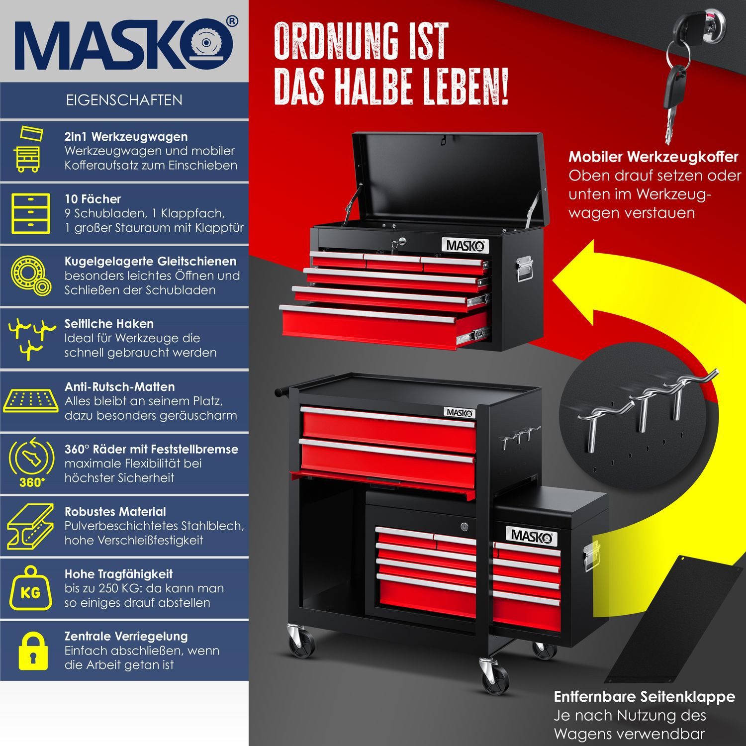 MASKO Werkstattwagen, rot, Werkzeugwagen inklusive Koffer günstig online kaufen